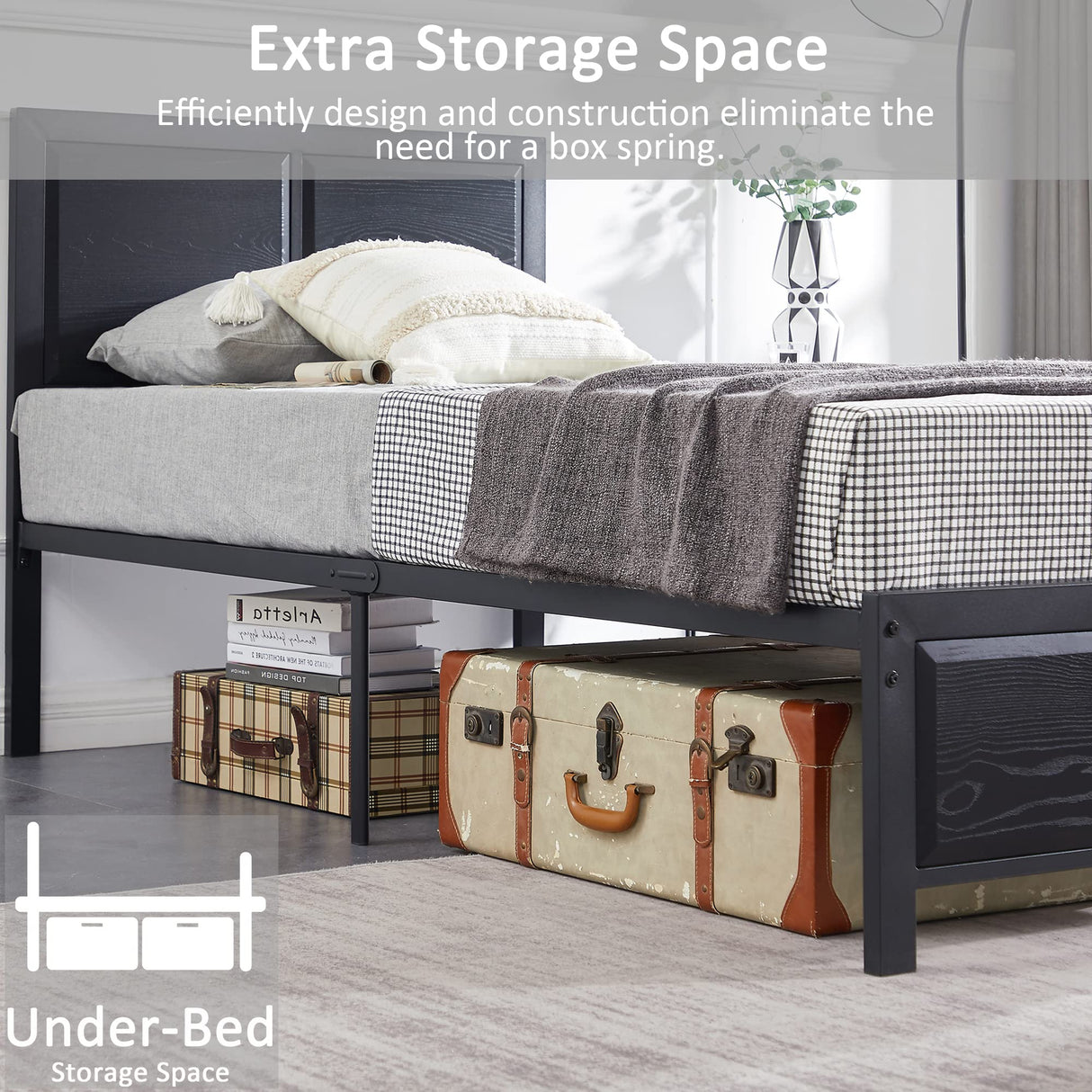 Twin Size Platform Bed Frame with Black Wood Headboard, Mattress Foundation