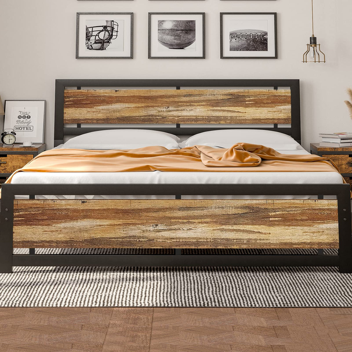 King Size Platform Bed Frame with Industrial Wood Headboard and 12 Strong Support Meta