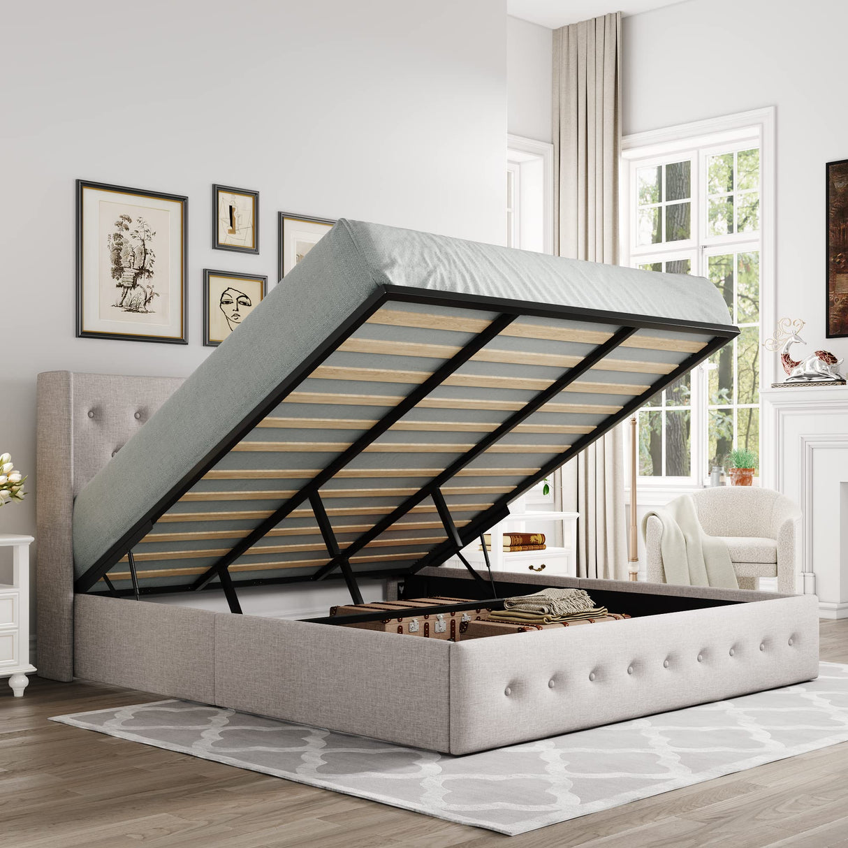 King Size Lift Up Storage Bed, Button Tufted Headboard with Wingback