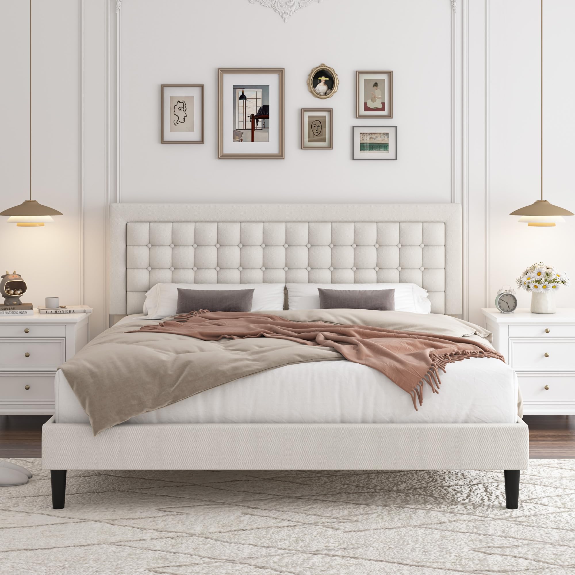 King Bed Frame, Button Tufted Upholstered Platform with Adjustable Headboard