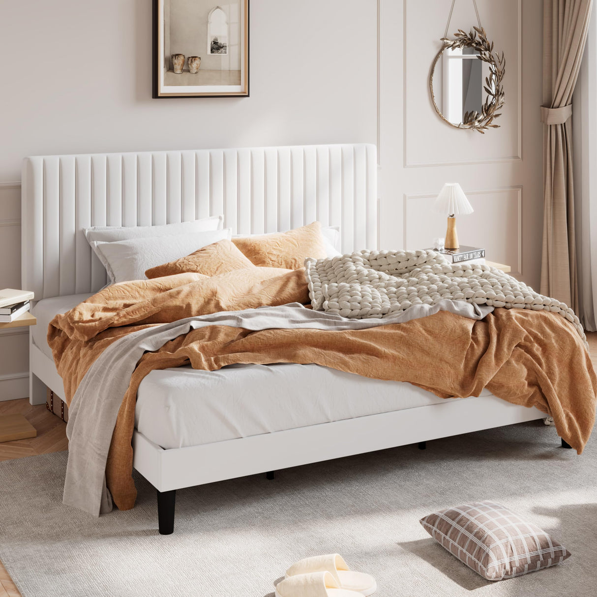 King Upholstered Platform Bed Frame with Vertical Channel Tufted Velvet