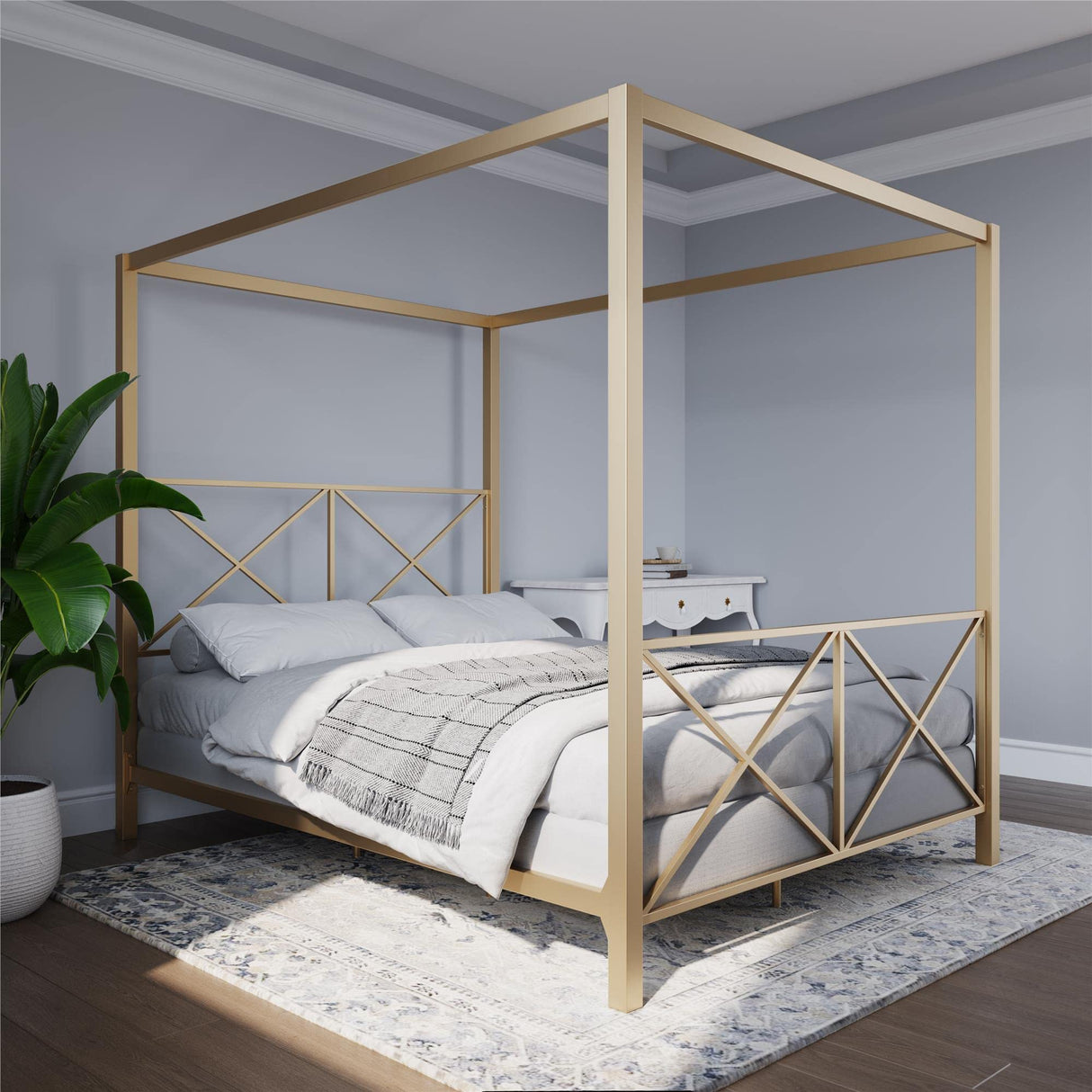 Rosedale Metal Canopy Bed Frame with Four Poster Design and Geometric Accented Headboard