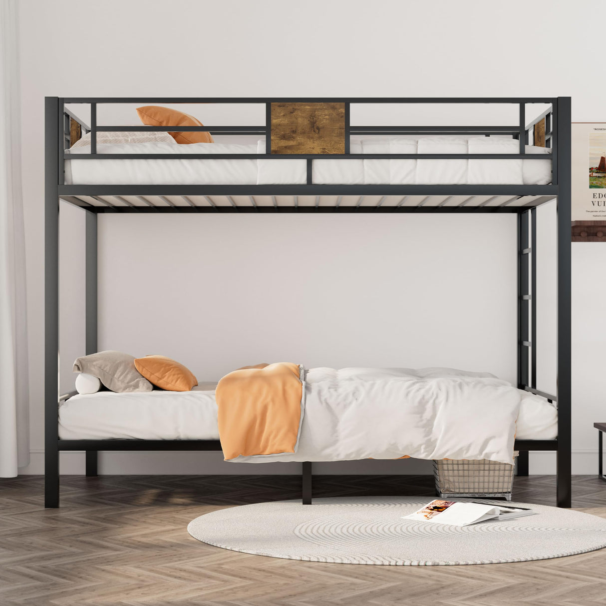 Bunk Bed Twin Over Twin Size with Ladder and Full-Length Guardrail