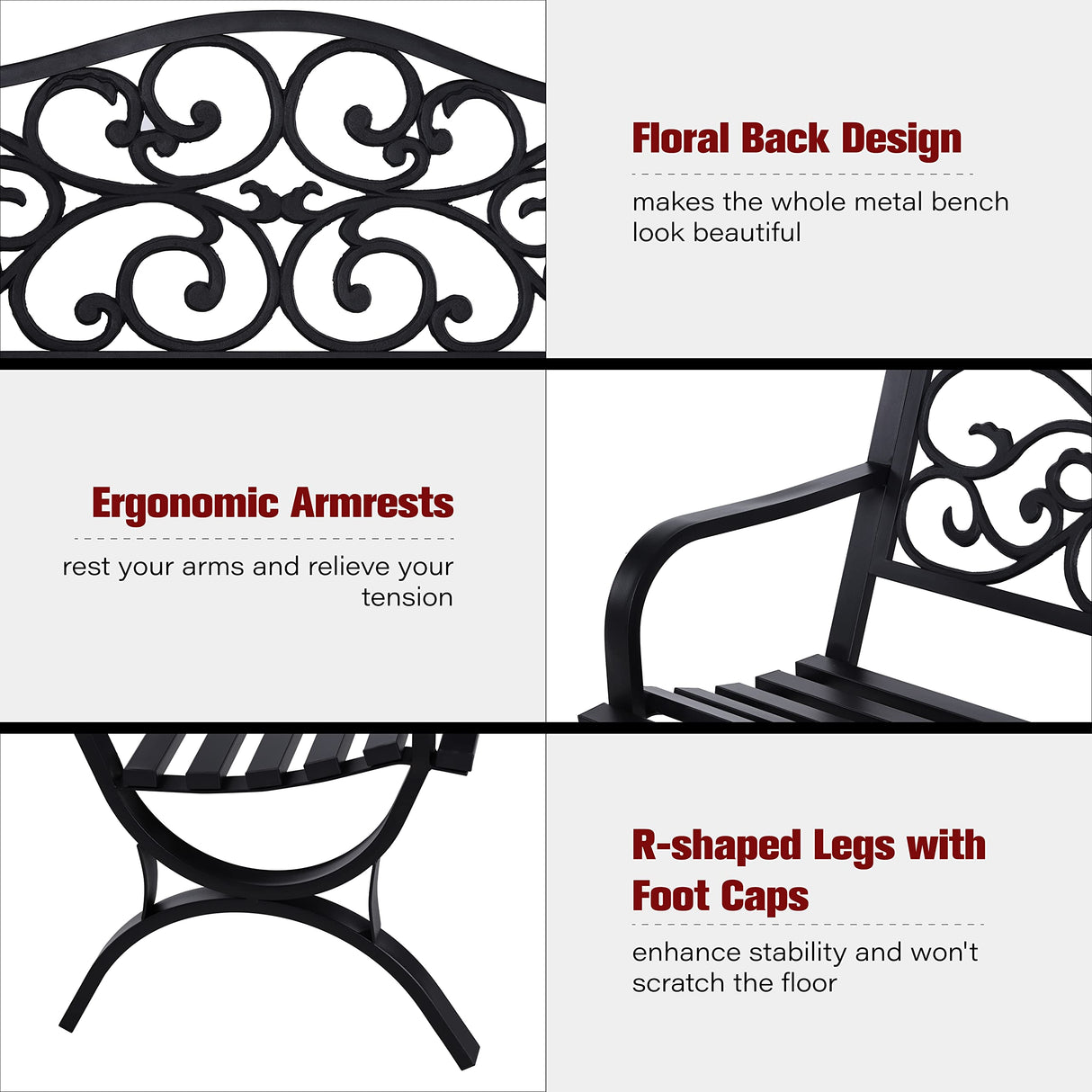 50‘’ Outdoor Garden Bench Patio Park Bench, Cast Iron Frame Furniture