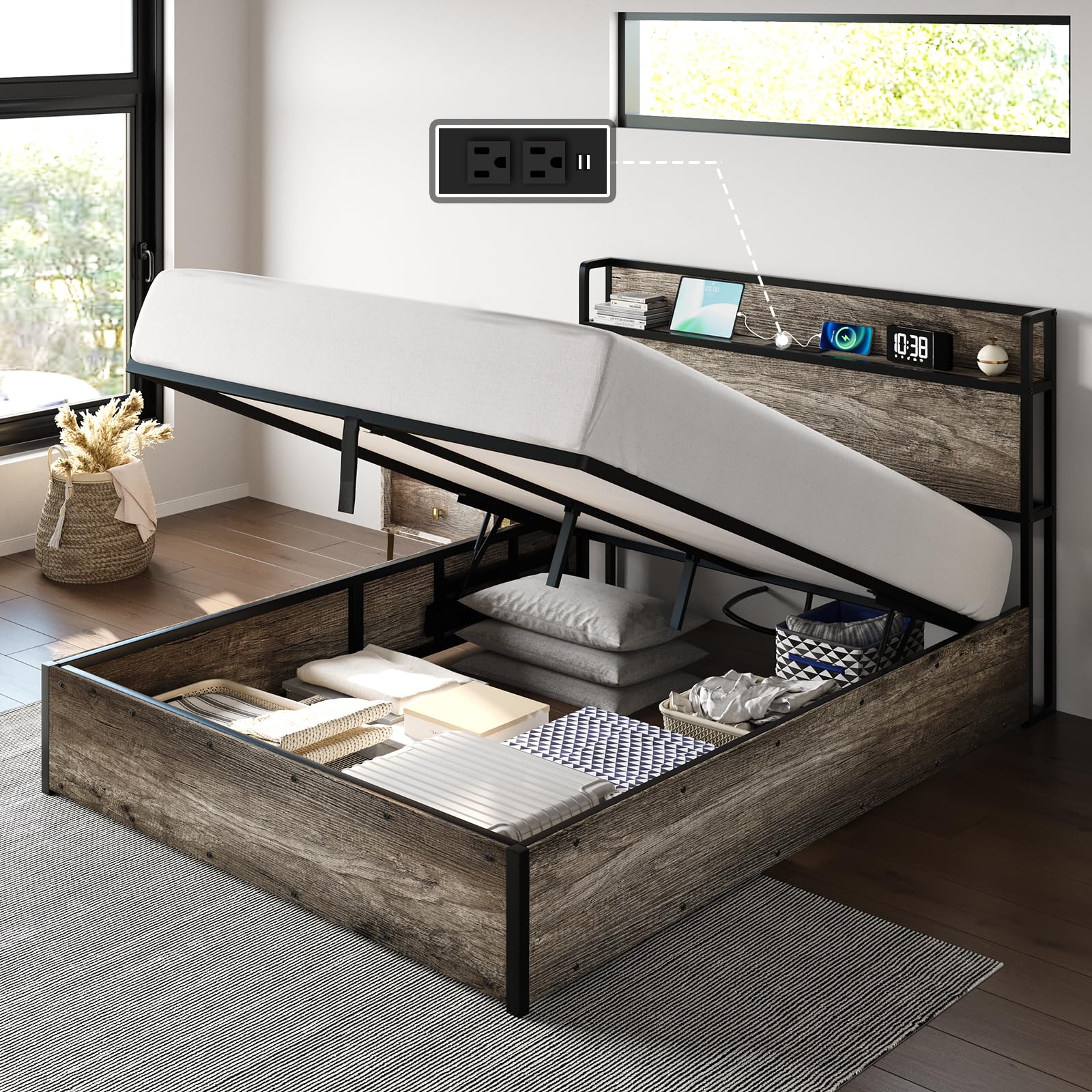 Wooden Platform Bed Frame with Lifting Storage & Charging Station