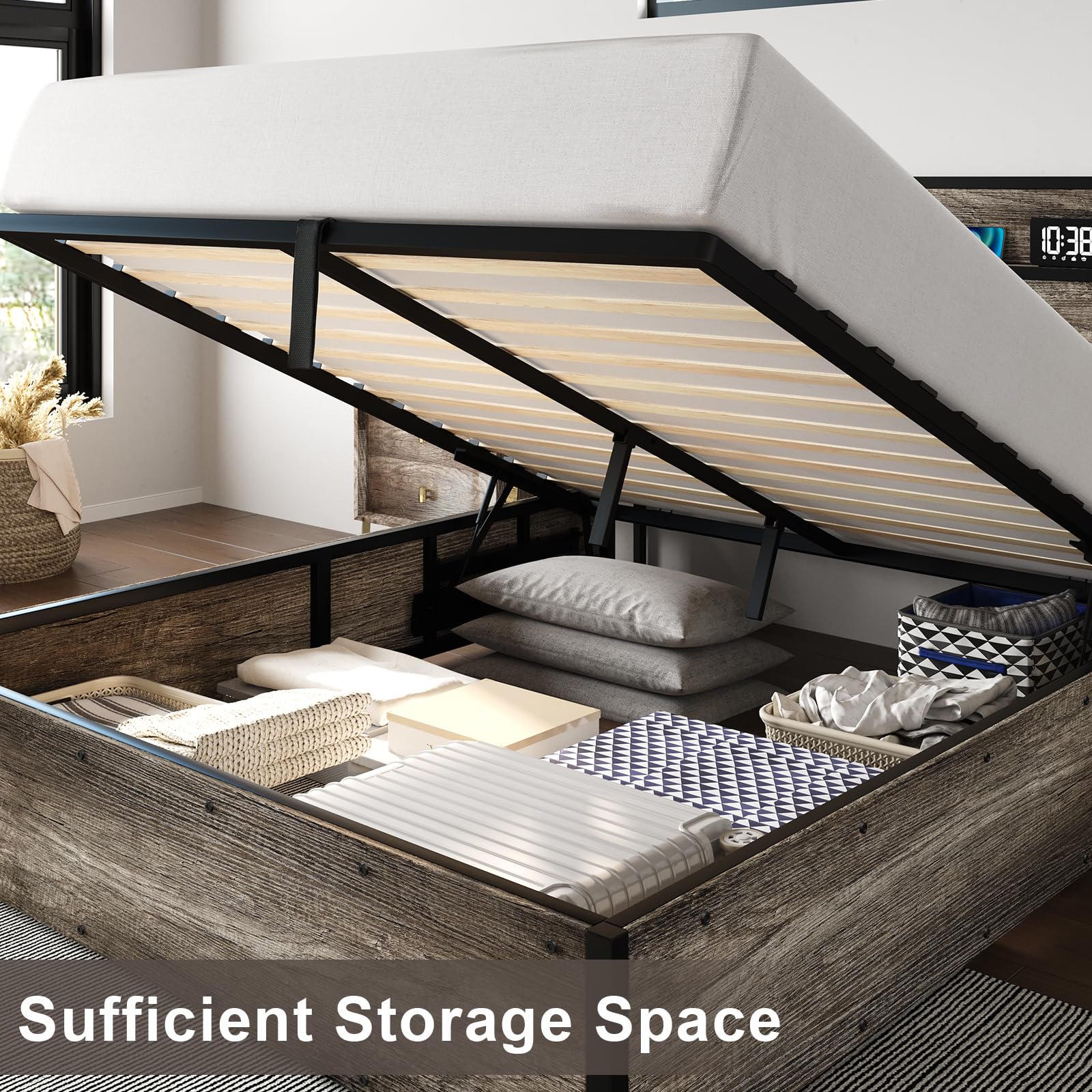 Wooden Platform Bed Frame with Lifting Storage & Charging Station