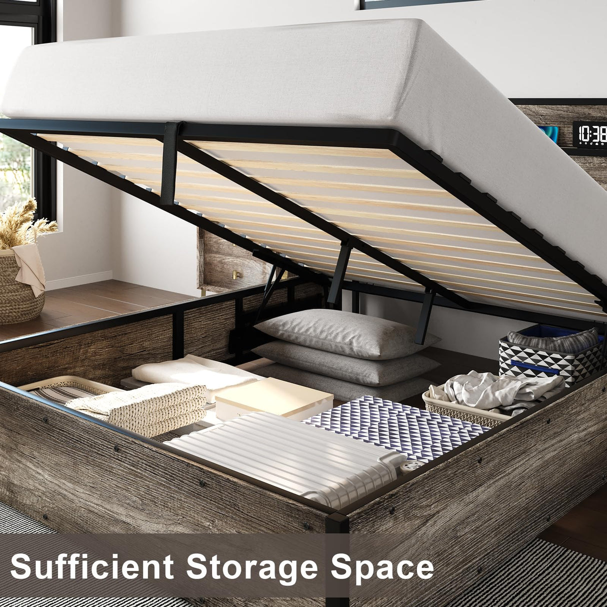 Wooden Platform Bed Frame with Lifting Storage & Charging Station