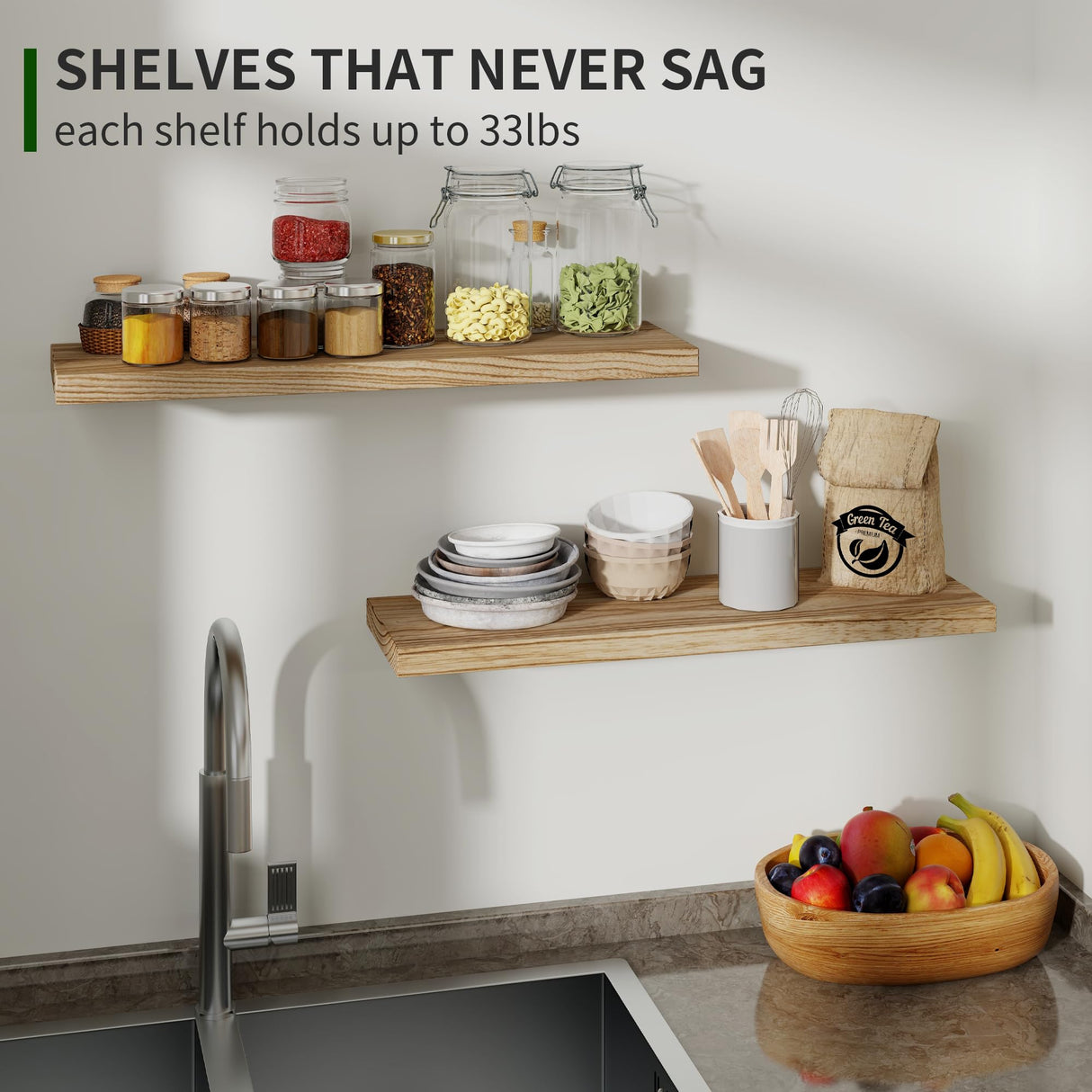 Rustic Wood Wall Shelves, Set of 2 Floating Display Shelves for Bathroom Bedroom