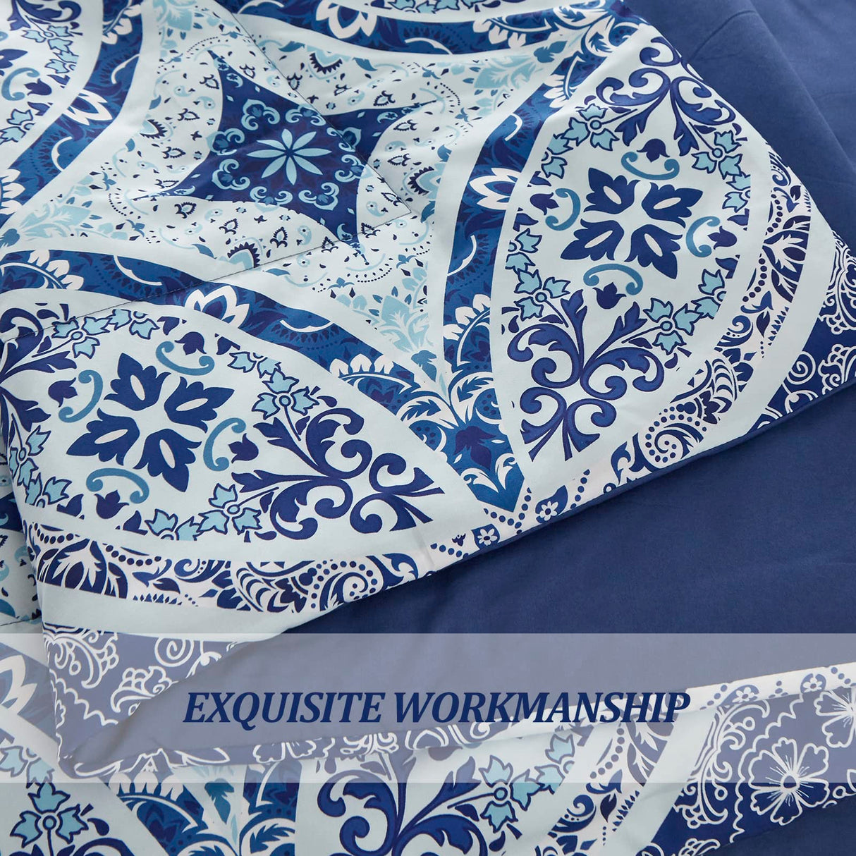 Blue Boho Queen Comforter Set 7 Pieces, Bohemian Bed in a Bag Queen