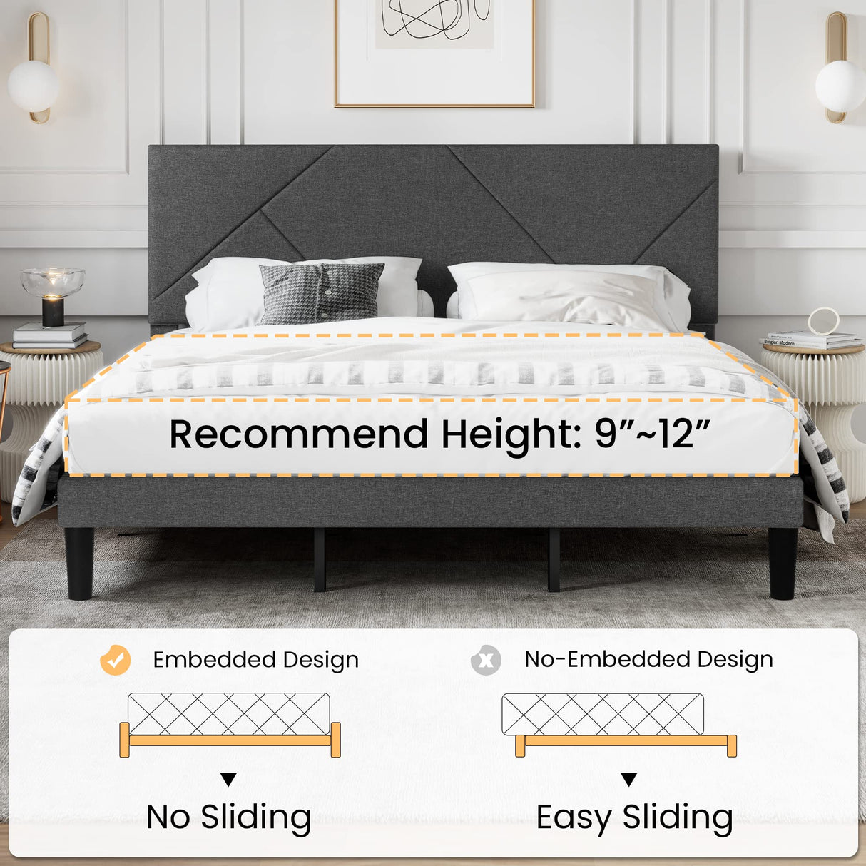 King Size Upholstered Bed Frame with Geometric Headboard, Heavy-Duty Platform Bed