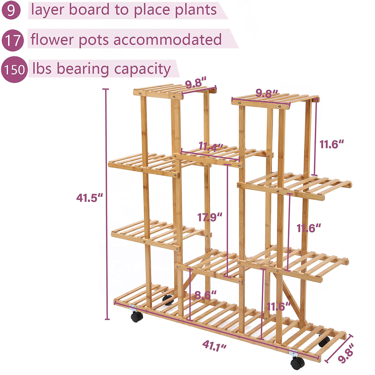 9-Tier Bamboo Plant Stand with Wheels – Multi-Pot Rolling Rack
