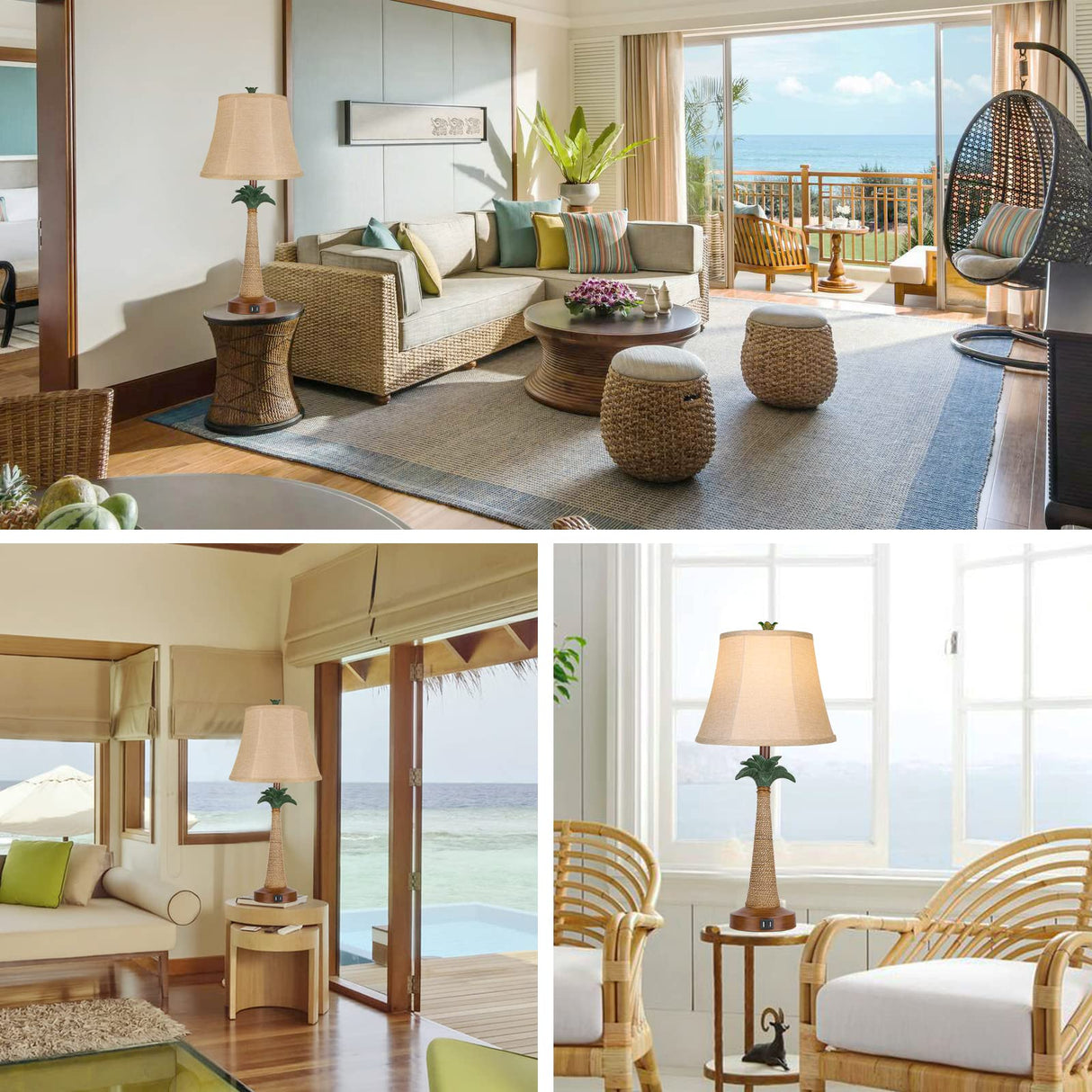 Set of 2 Coastal Palm Tree Table Lamps with 2 USB Ports