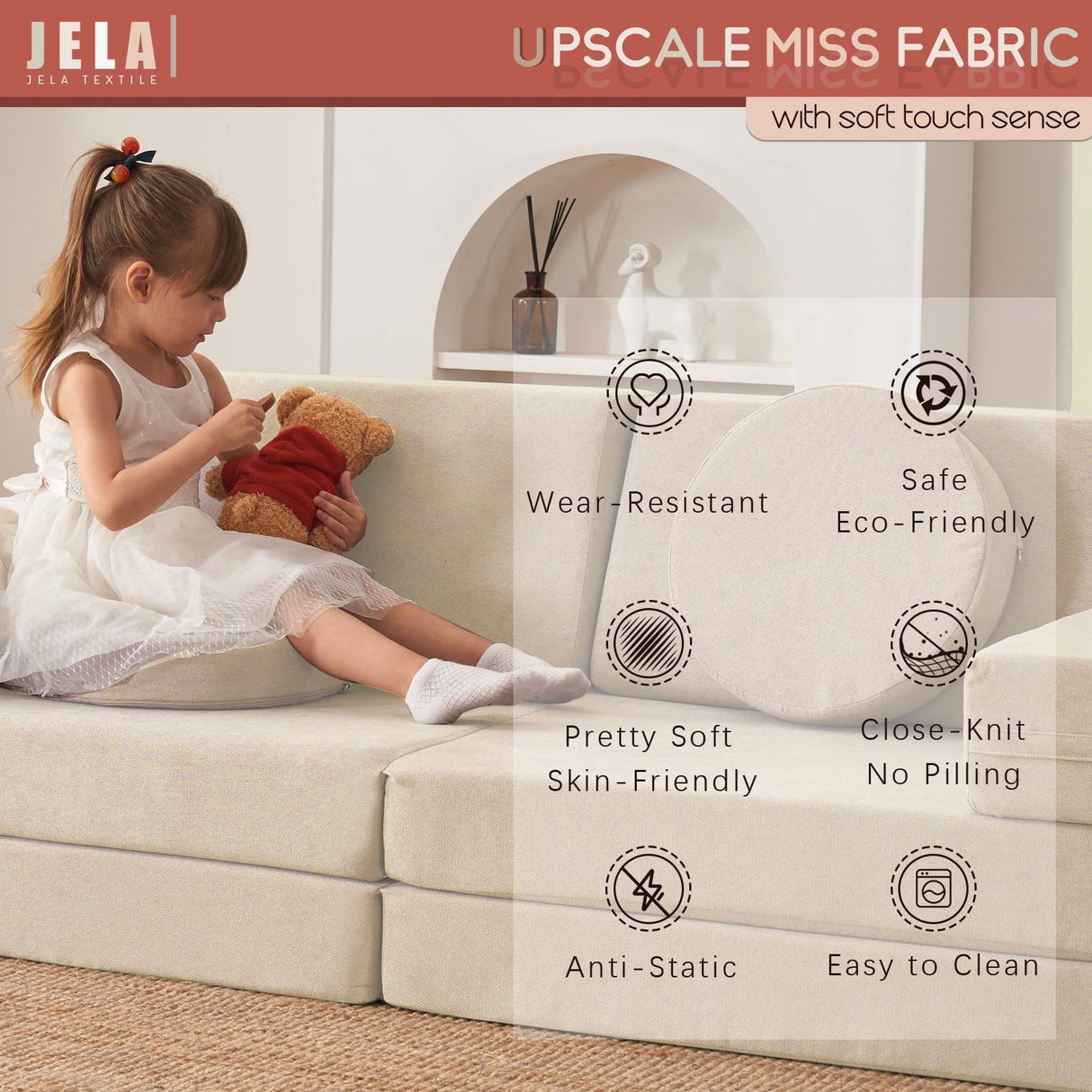 Kids Foam Couch Set 10 Pieces Sand Beige Miss Fabric