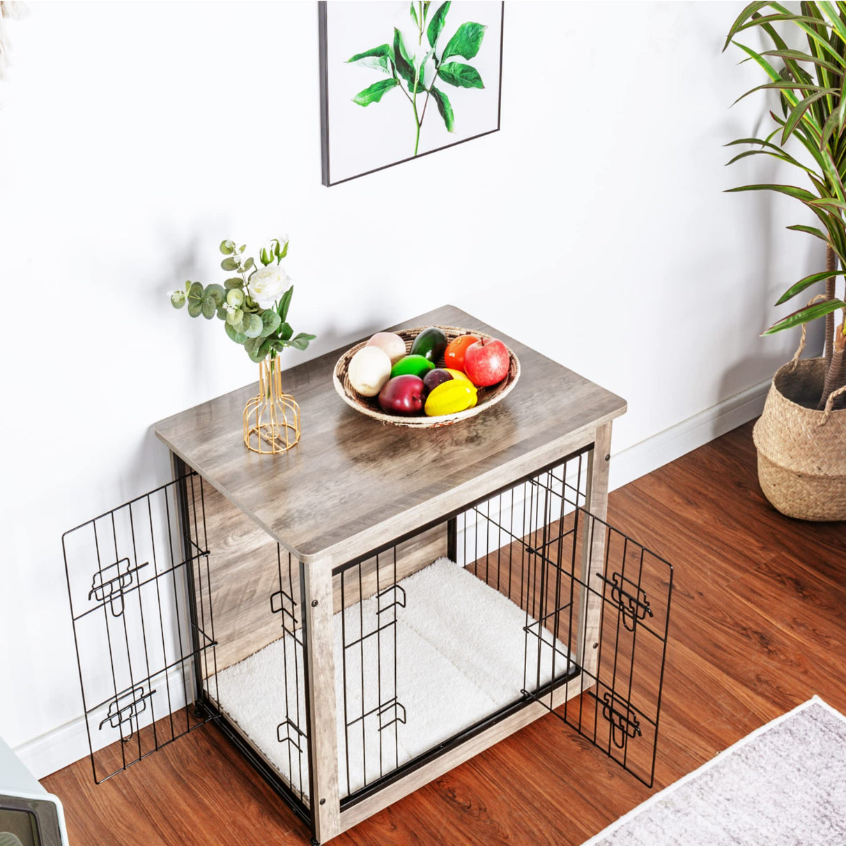 Dog Crate Furniture with Cushion, Wooden Dog Crate with Double Doors, Dog Furniture
