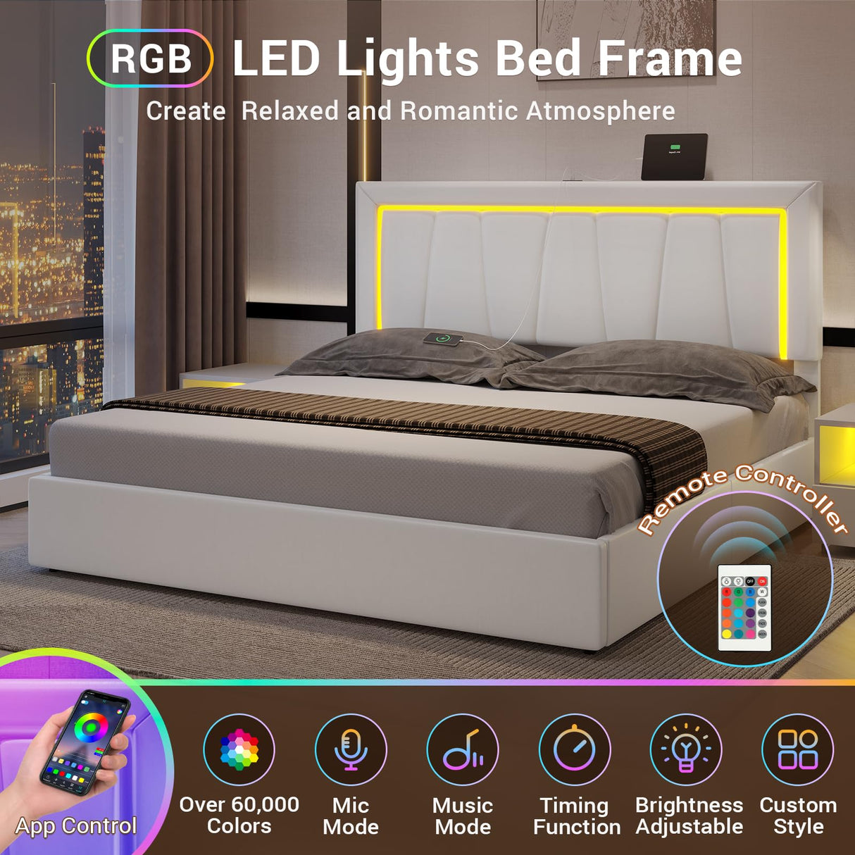 California King Bed Frame with 4 Drawers, USB Ports and Led Lights Faux Leather