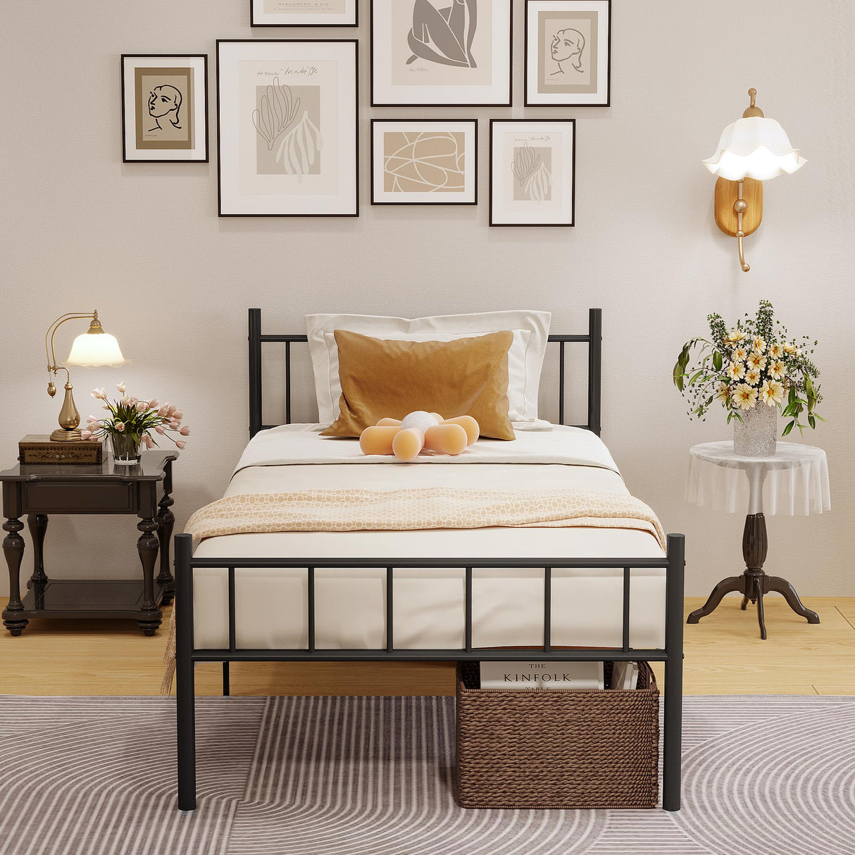 14 Inch Twin Metal Platform Bed Frame with Headboard,Mattress Foundation,Steel Slat