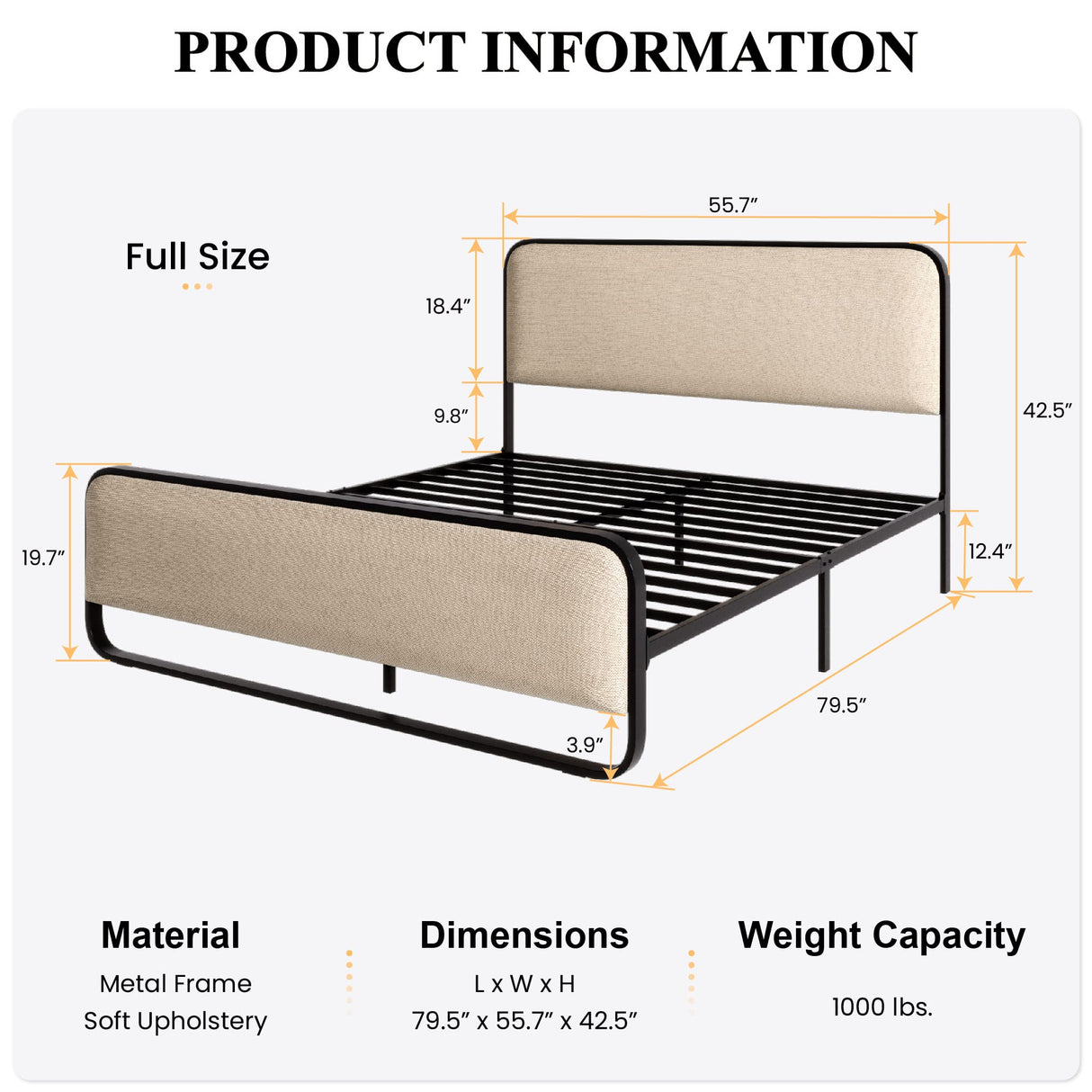Full Size Platform Metal Bed Frame with Curved Upholstered Headboard and Footboard