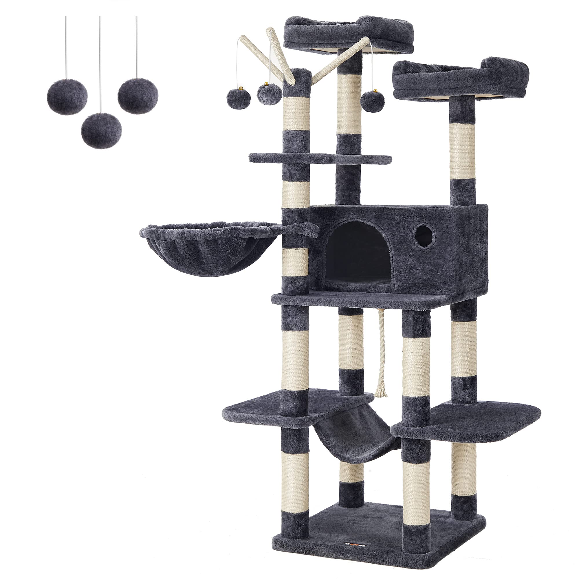 Cat Tree, Large Cat Tower, 64.6 Inches, Cat Activity Center with Hammock, Basket