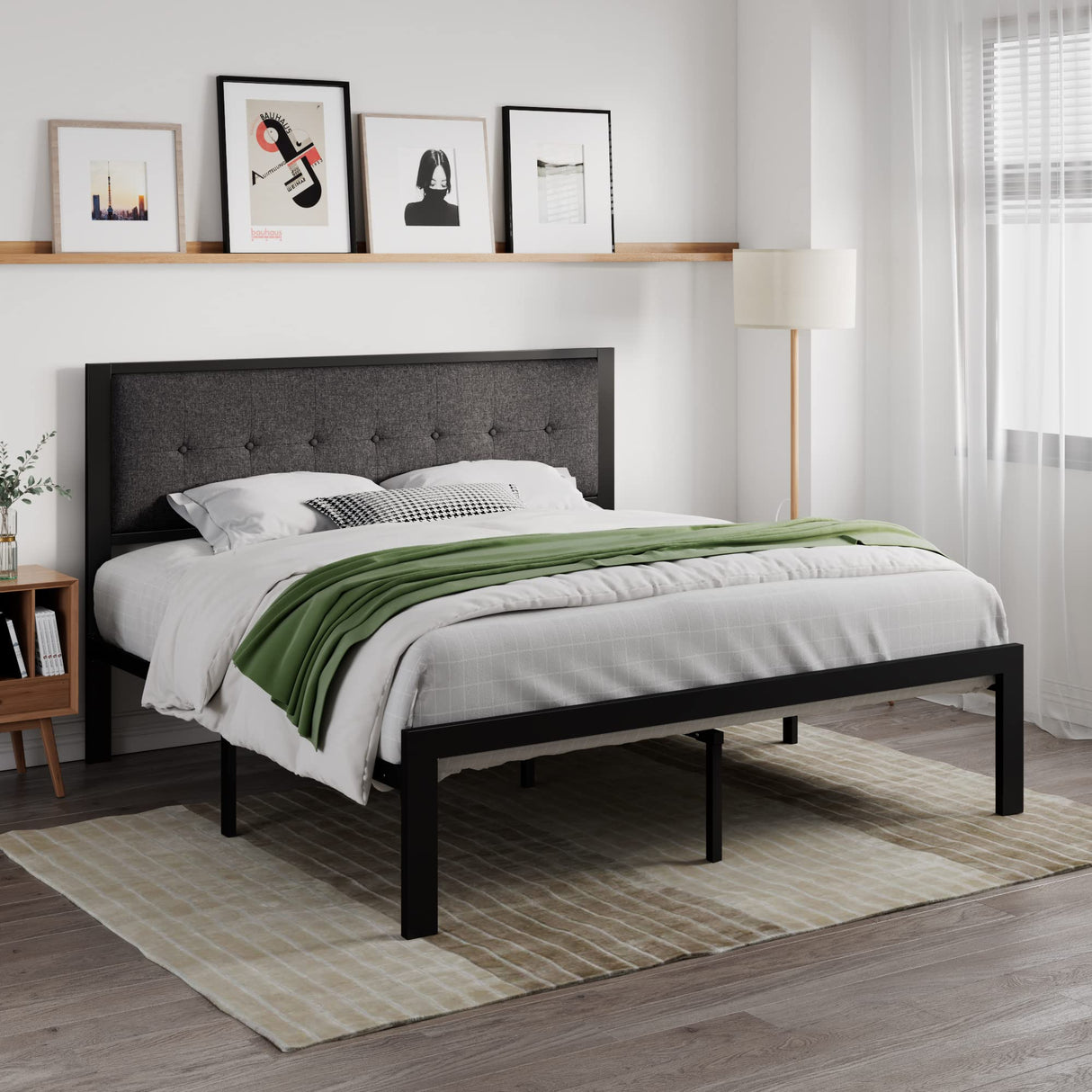 King Size Bed Frame with Upholstered Headboard, Platform Bed Frame with Metal Slats