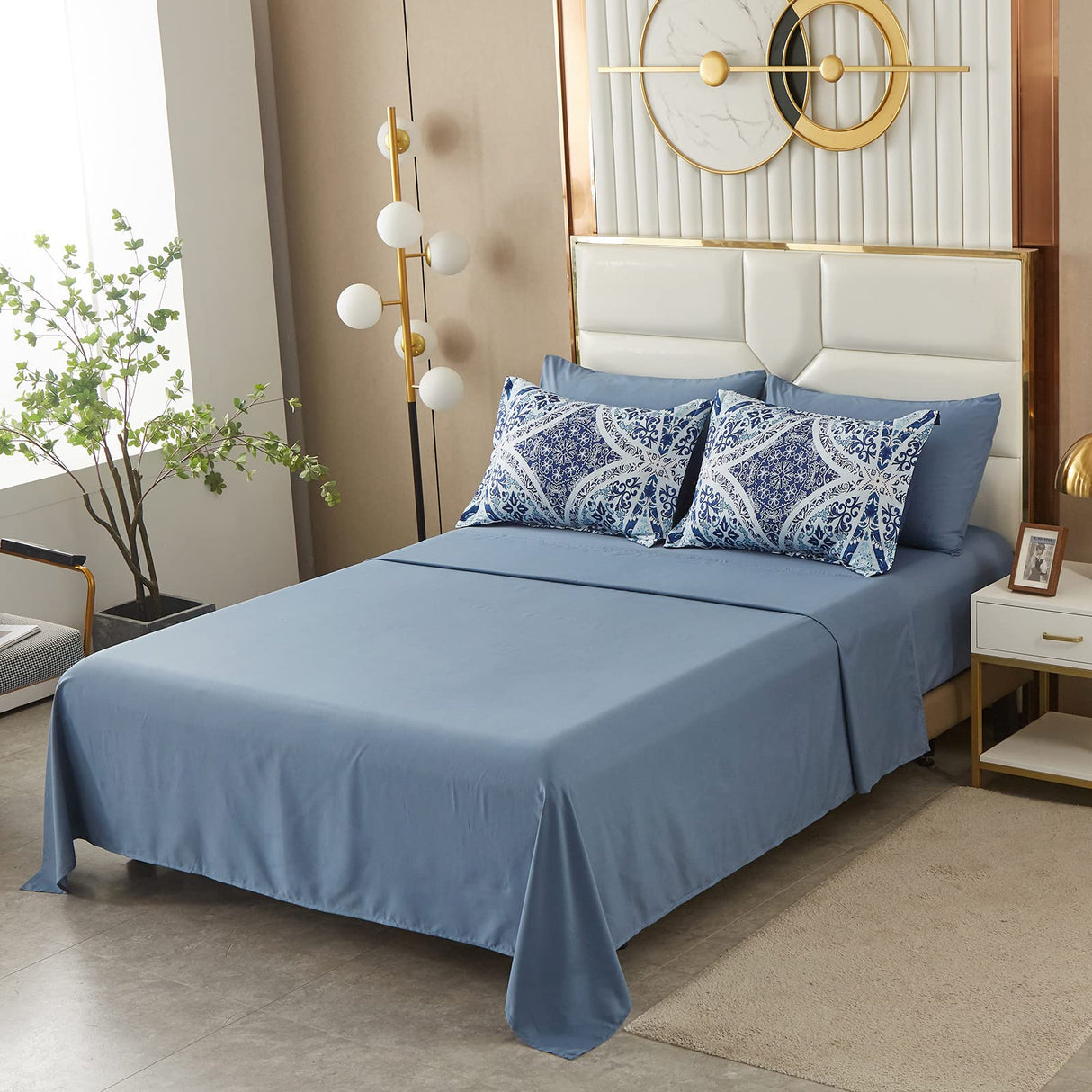 Blue Boho Queen Comforter Set 7 Pieces, Bohemian Bed in a Bag Queen