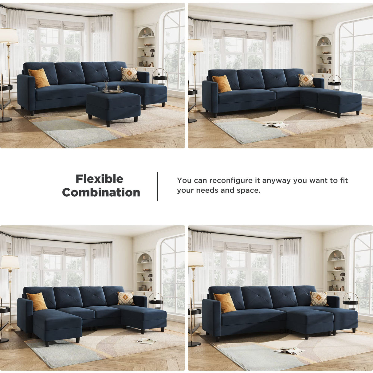 Convertible U Shaped Sofa Sectional Couch with Double Chaises 4 Seat Sofa