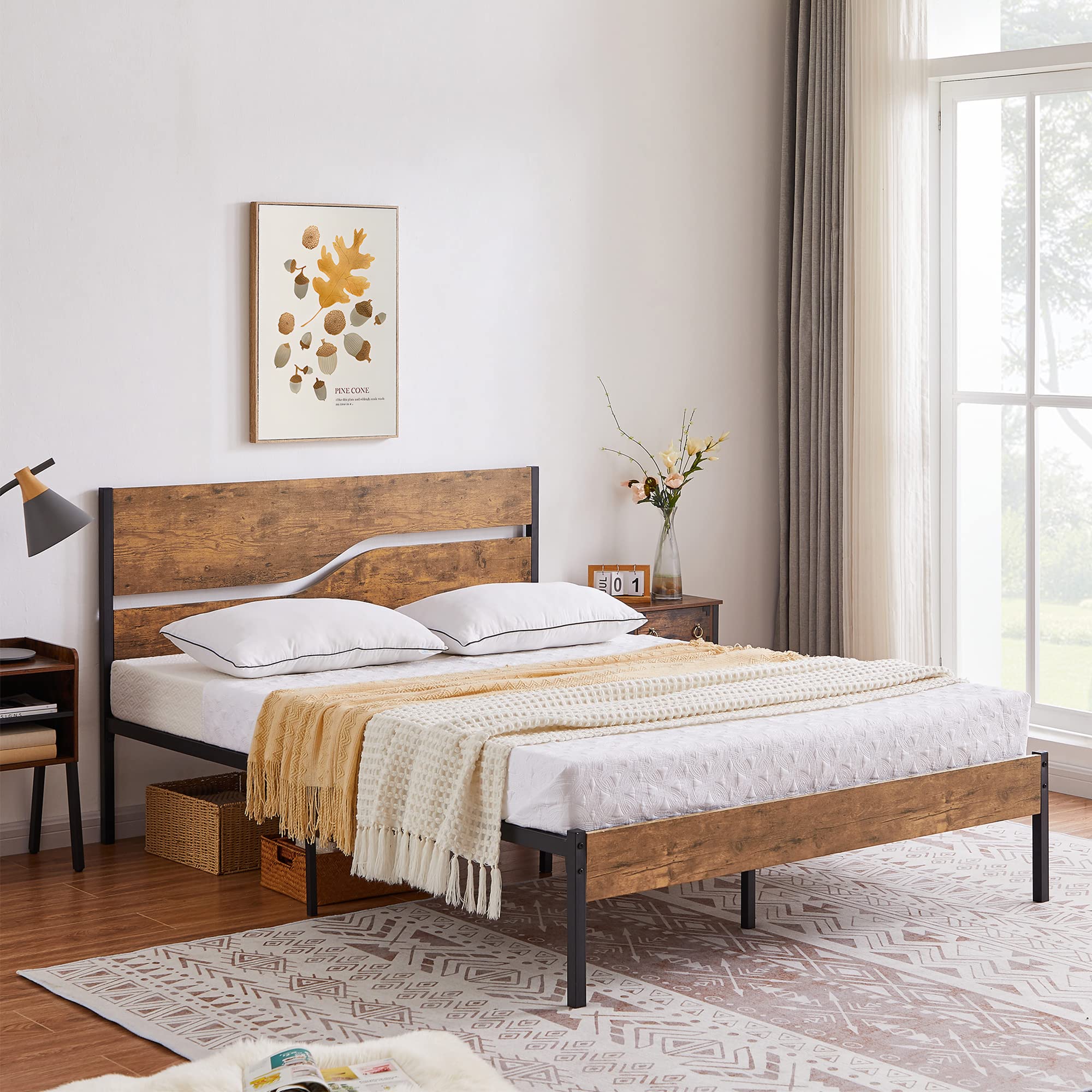 Platform Bed Frame Queen Size with Rustic Vintage Wood Headboard