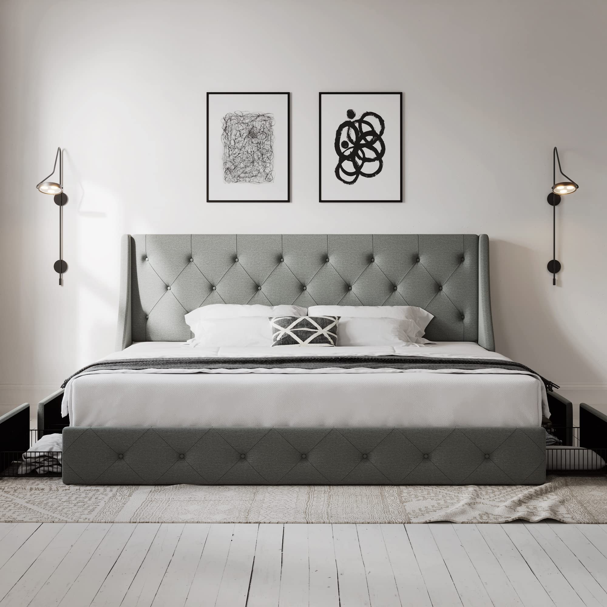 King Size Bed Frame with 4 Storage Drawers and Wingback Headboard