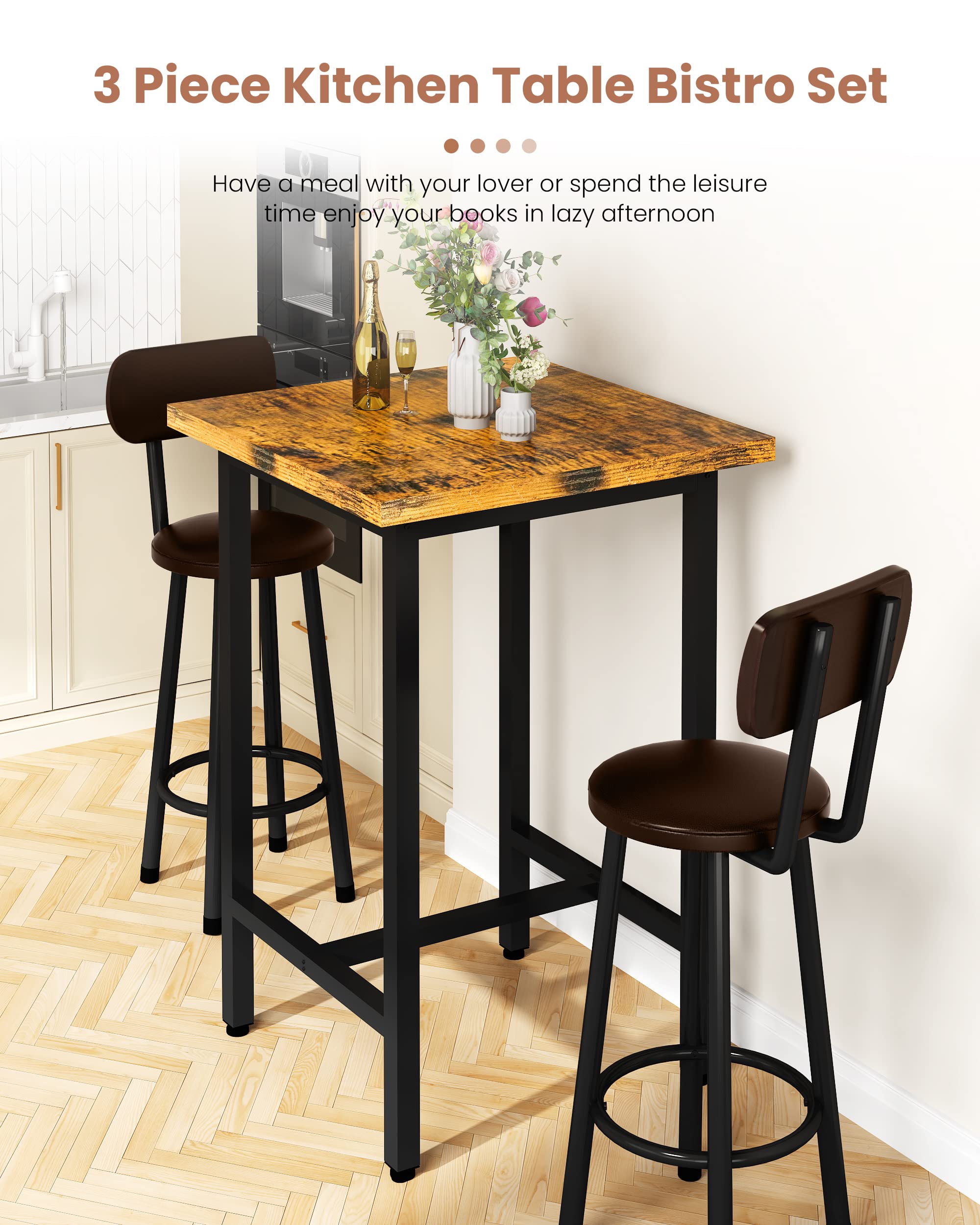 3 Piece Pub Dining Set, Modern bar Table and Stools for 2 Kitchen Counter