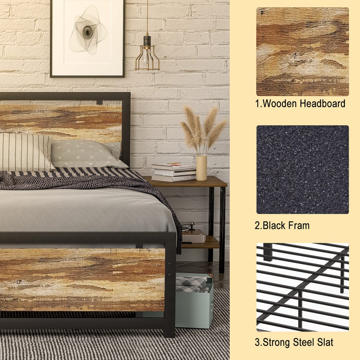 King Size Platform Bed Frame with Industrial Wood Headboard and 12 Strong Support Meta