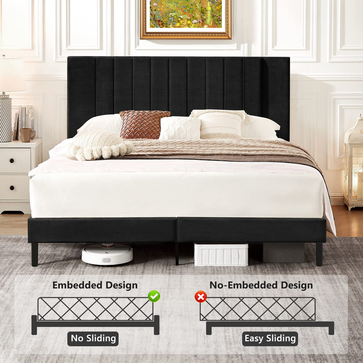 King Size Platform Bed Frame with Velvet Upholstered Headboard and Wooden