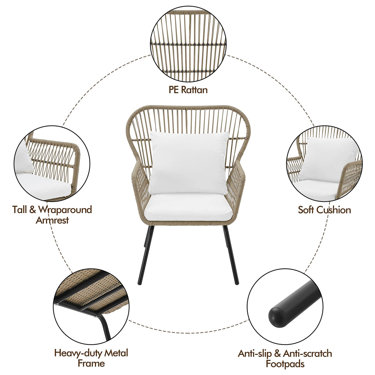 3-Piece Patio Bistro Conversation Set, Outdoor All-Weather Wicker Set