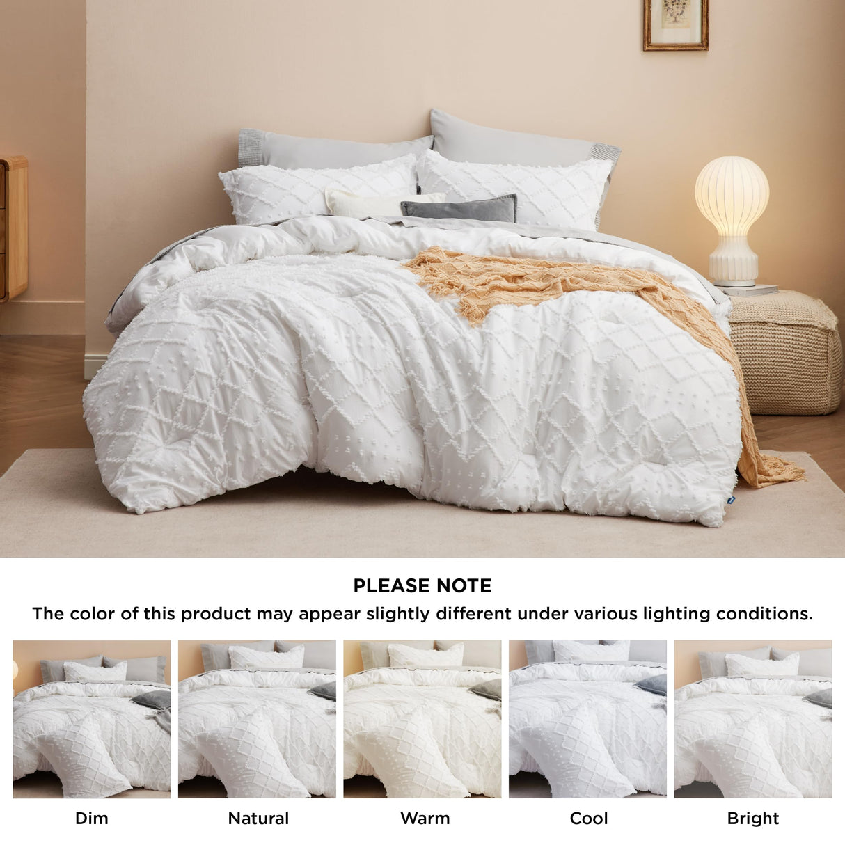 Boho Comforter Set - White Tufted Shabby Chic Bedding Comforter Set