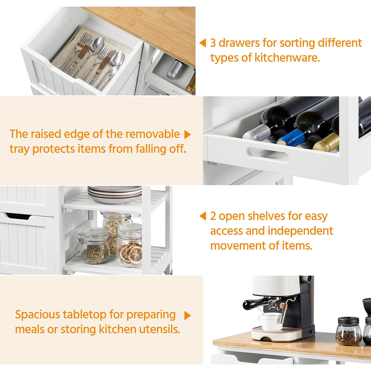 Kitchen Island Cart on Wheels with 3 Drawers and 3 Open Shelves