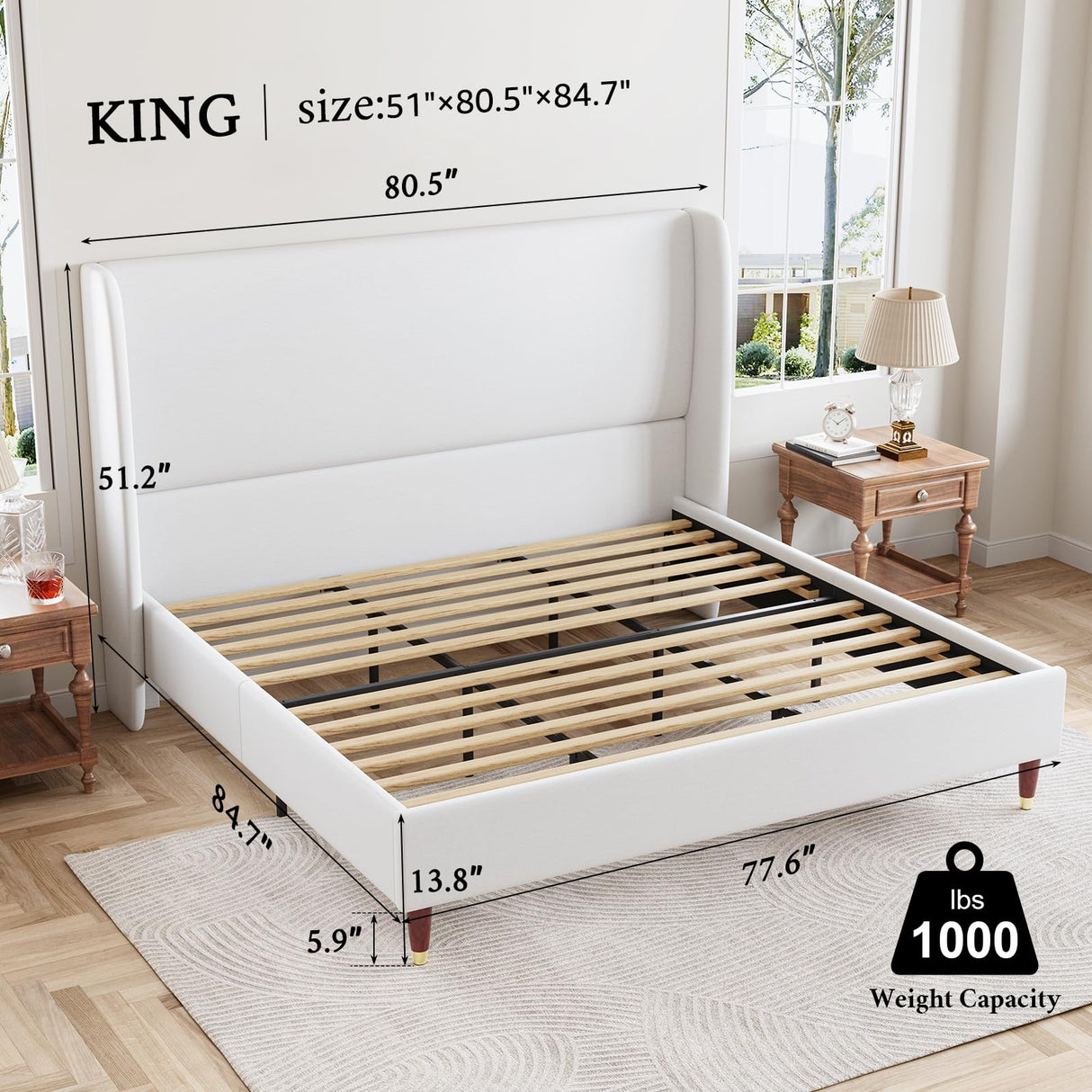 King Bed Frame Upholstered Bed with Wingback Headboard Platform Bed King Size