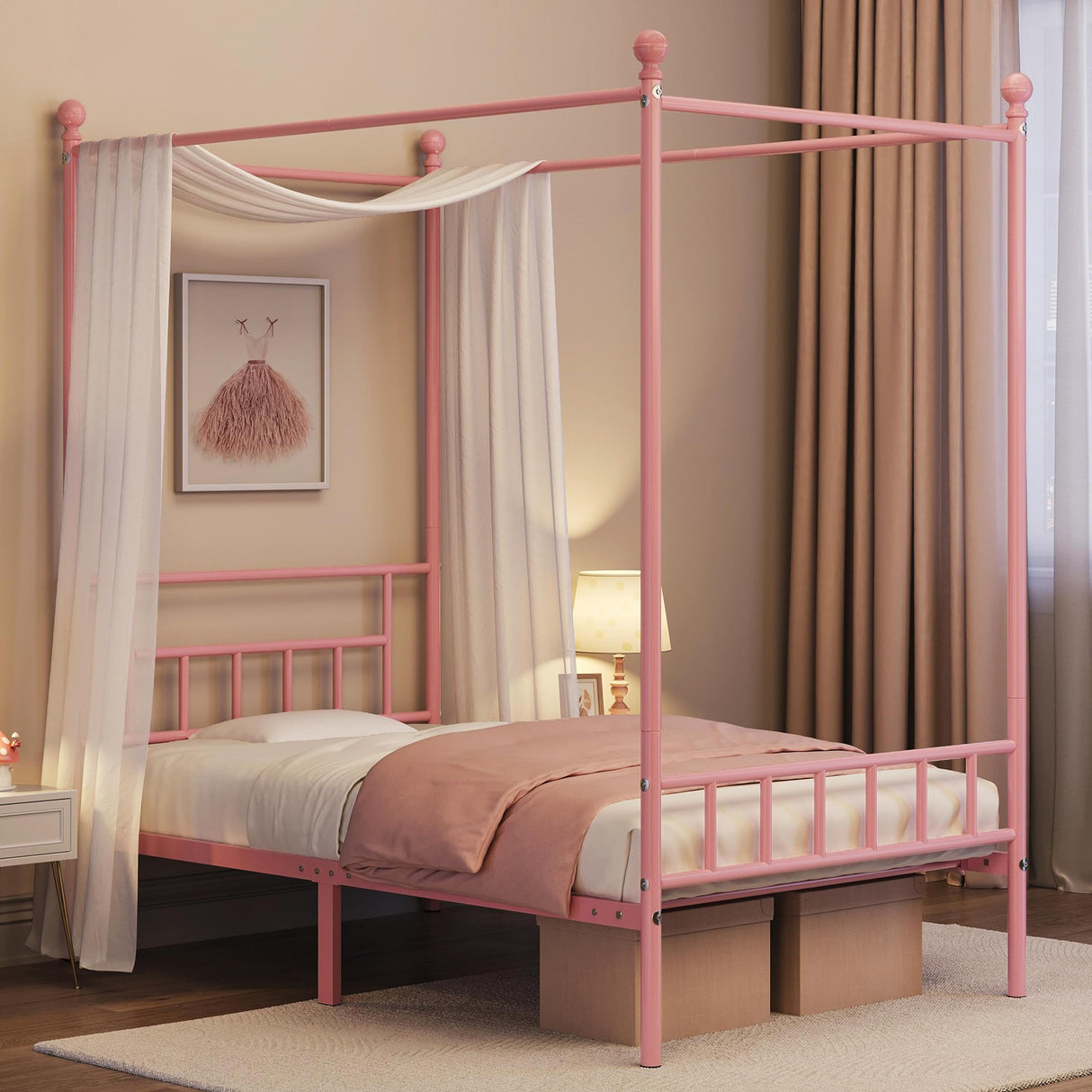 Twin Metal Canopy Bed Frame, Pink, 77.5" L x 41" W x 78" H, 350 lb Weight Capacity