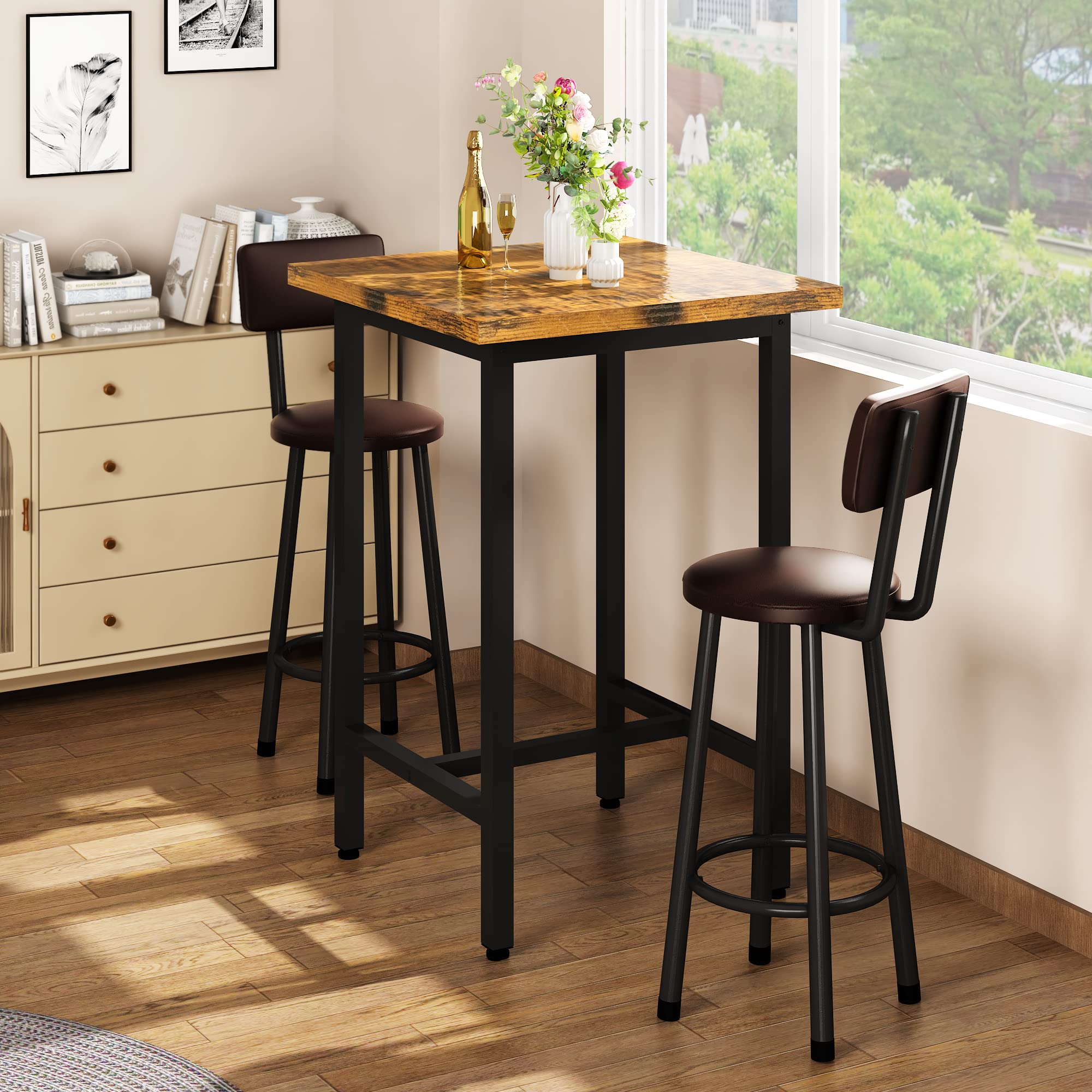 3 Piece Pub Dining Set, Modern bar Table and Stools for 2 Kitchen Counter