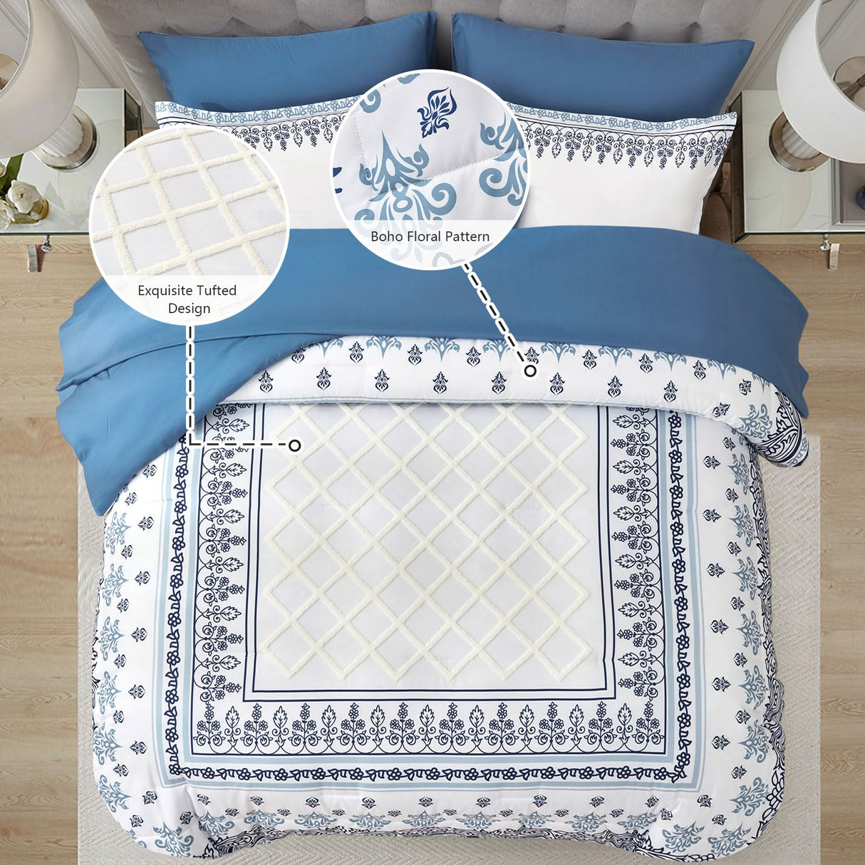 8 Pieces Blue Floral White Tufted Bedding Bed in a Bag Sets