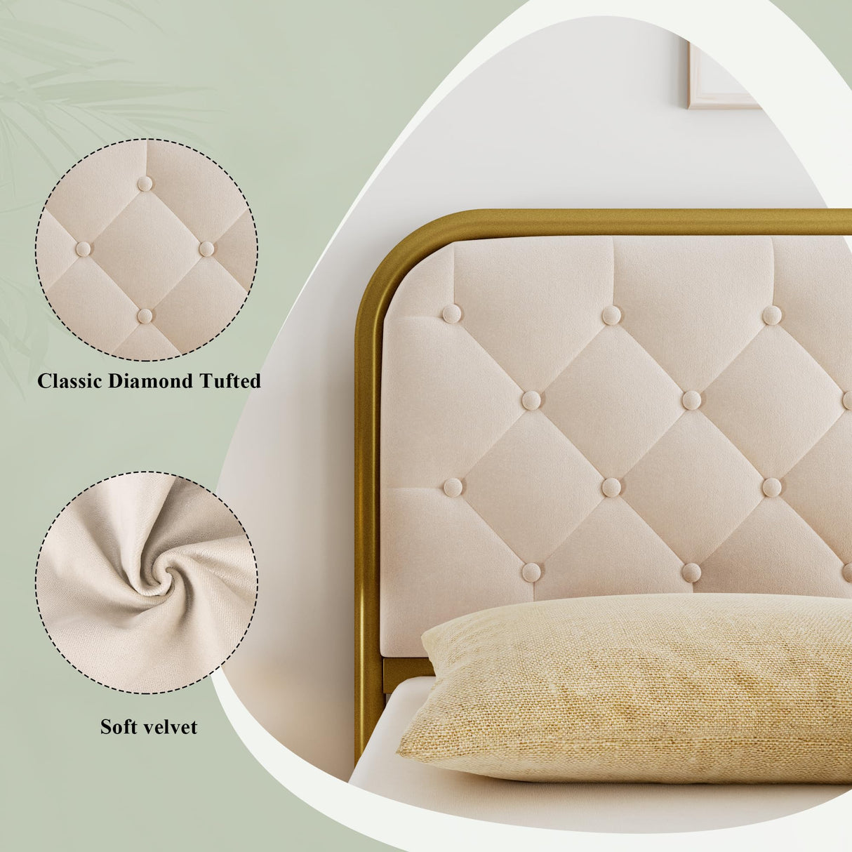 Full Size Bed Frame, Upholstered Bed Frame with Diamond Tufted Headboard