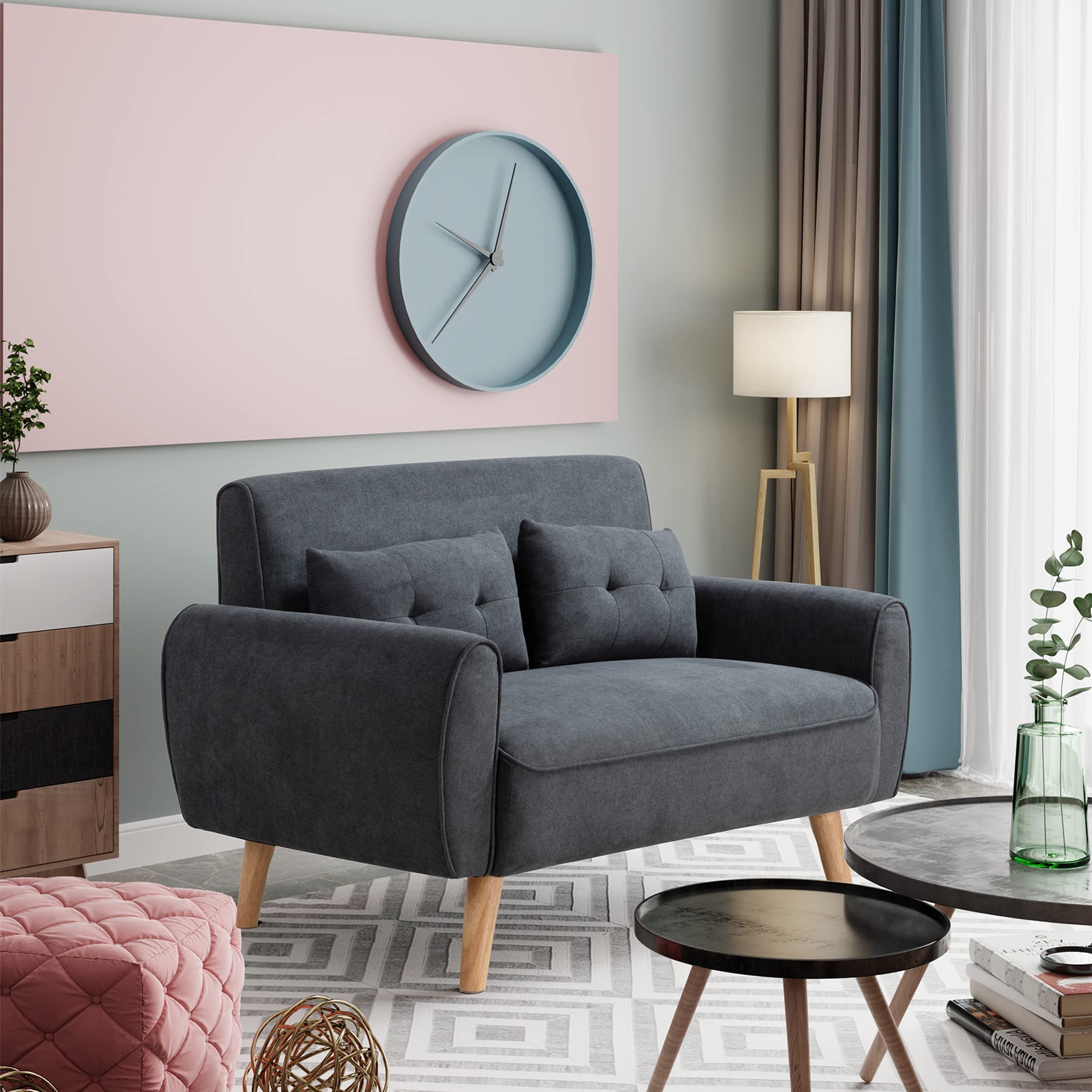 47" Small Modern Loveseat Sofa, Mid Century Linen Fabric 2-Seat Sofa