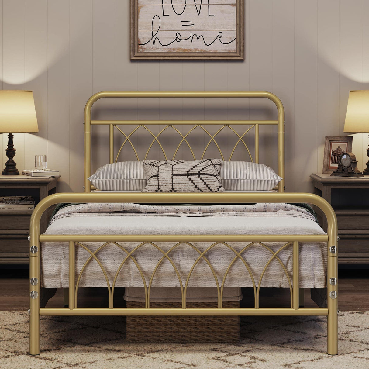 Twin Bed Frame Metal Platform Bed with Petal Accented Headboard/Footboard/14.4 Inch