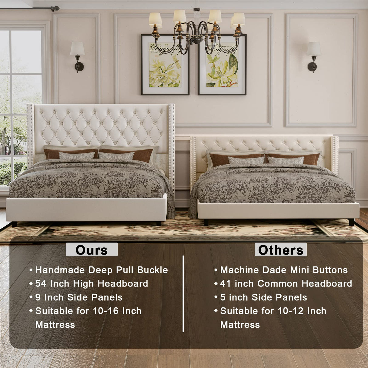 King Bed Frame Velvet Upholstered Bed with Deep Button Tufted/No Box Spring Needed