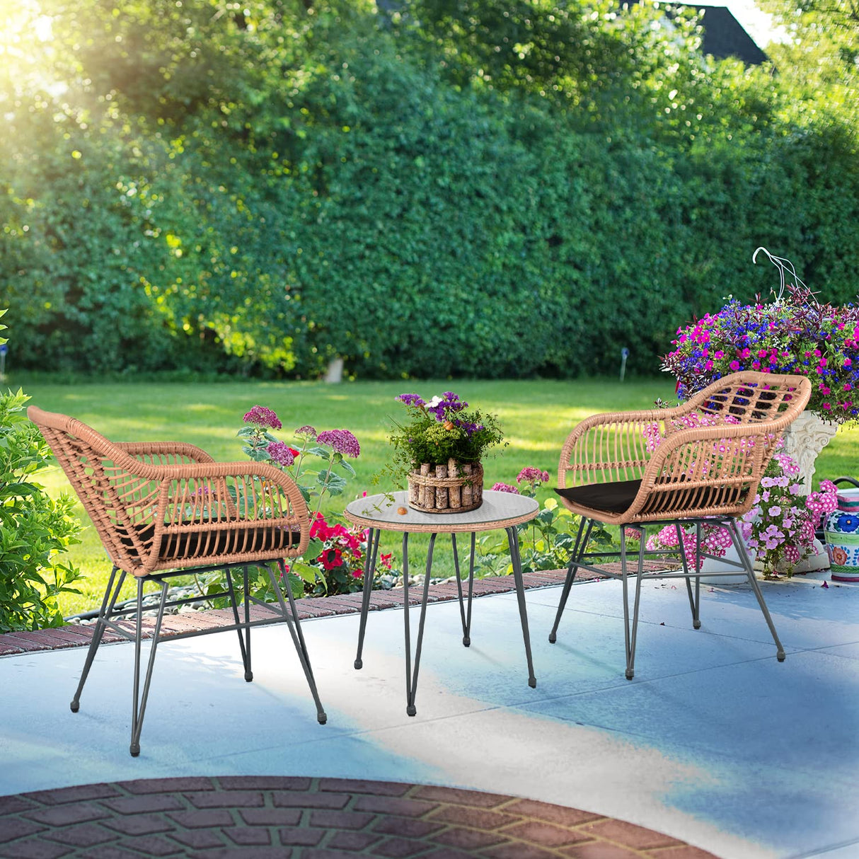 3 Piece Patio Bistro Set Outdoor Wicker Conversation Chair Sets