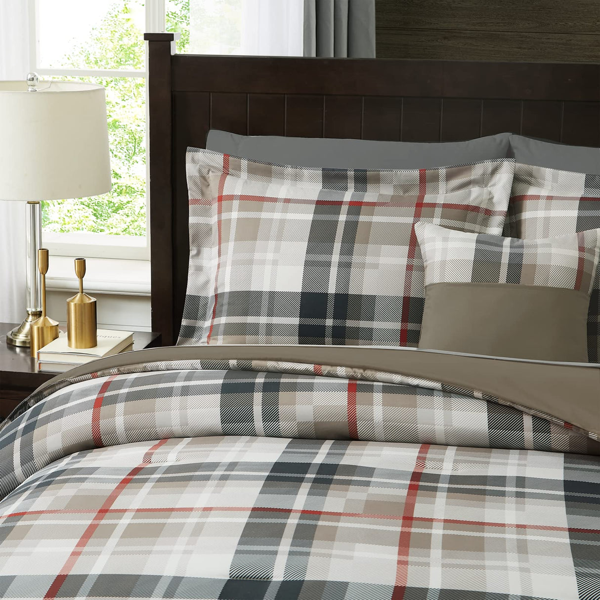 Queen Comforter Set, Plaid Design Comforter Set 7 Pieces