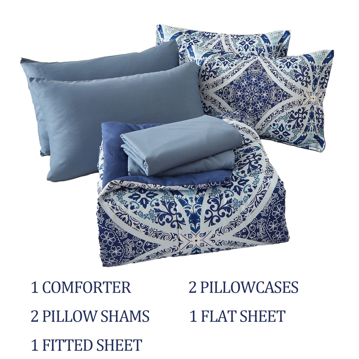 Blue Boho Queen Comforter Set 7 Pieces, Bohemian Bed in a Bag Queen
