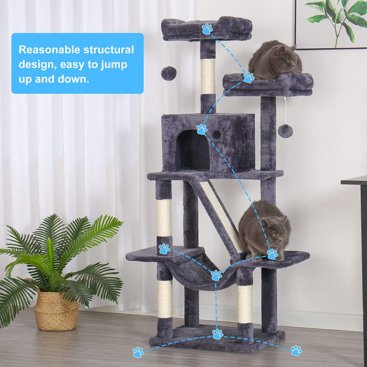 Cat Tree, 57" Cat Tower with Scratching Posts
