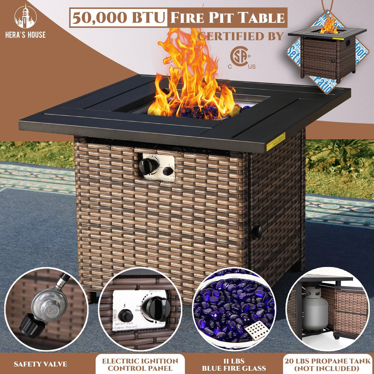 8 Pieces Wicker Patio Furniture Set with Fire Pit Table