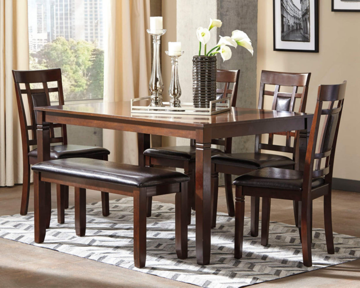 Bennox Dining Room Set, Includes Table, 4 18" Chairs & Bench, Brown