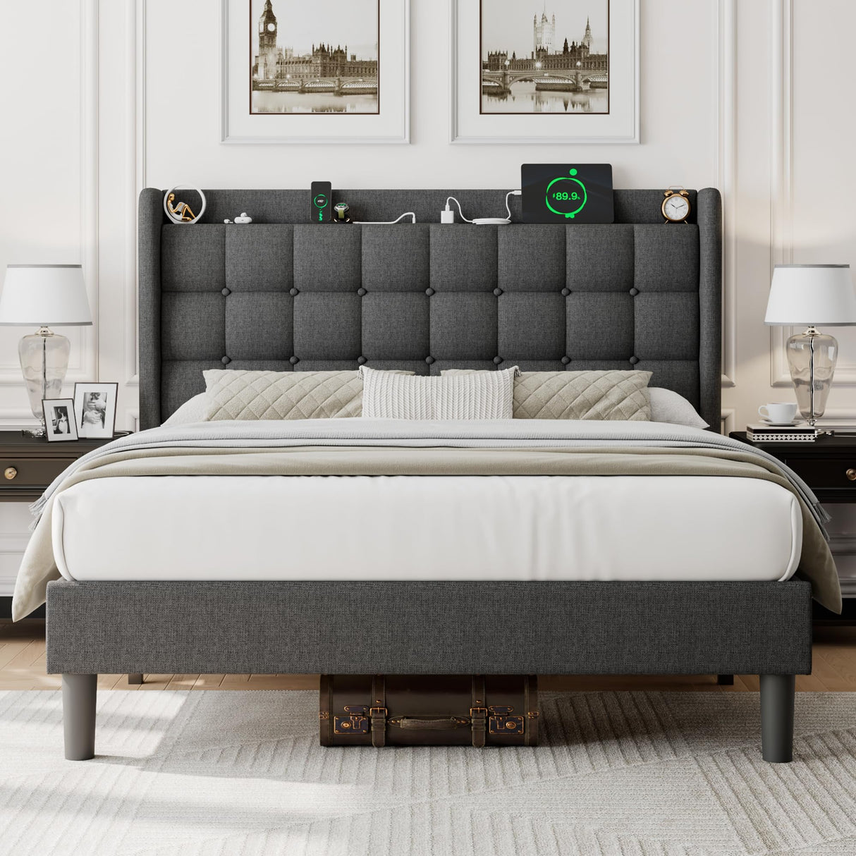 Queen Bed Frame with Button Tufted Headboard, Upholstered Platform Bed