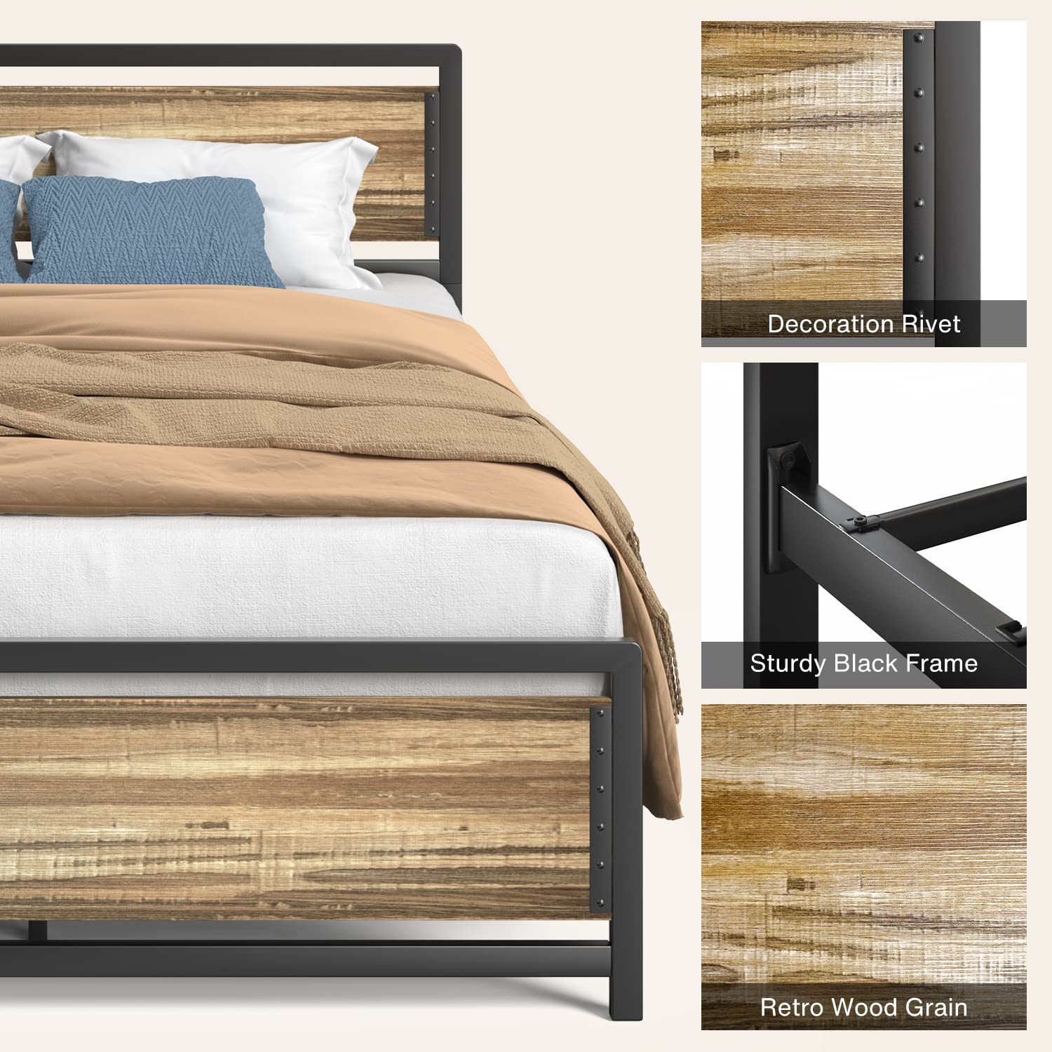 Metal Platform Bed with Wooden Headboard with Rivet