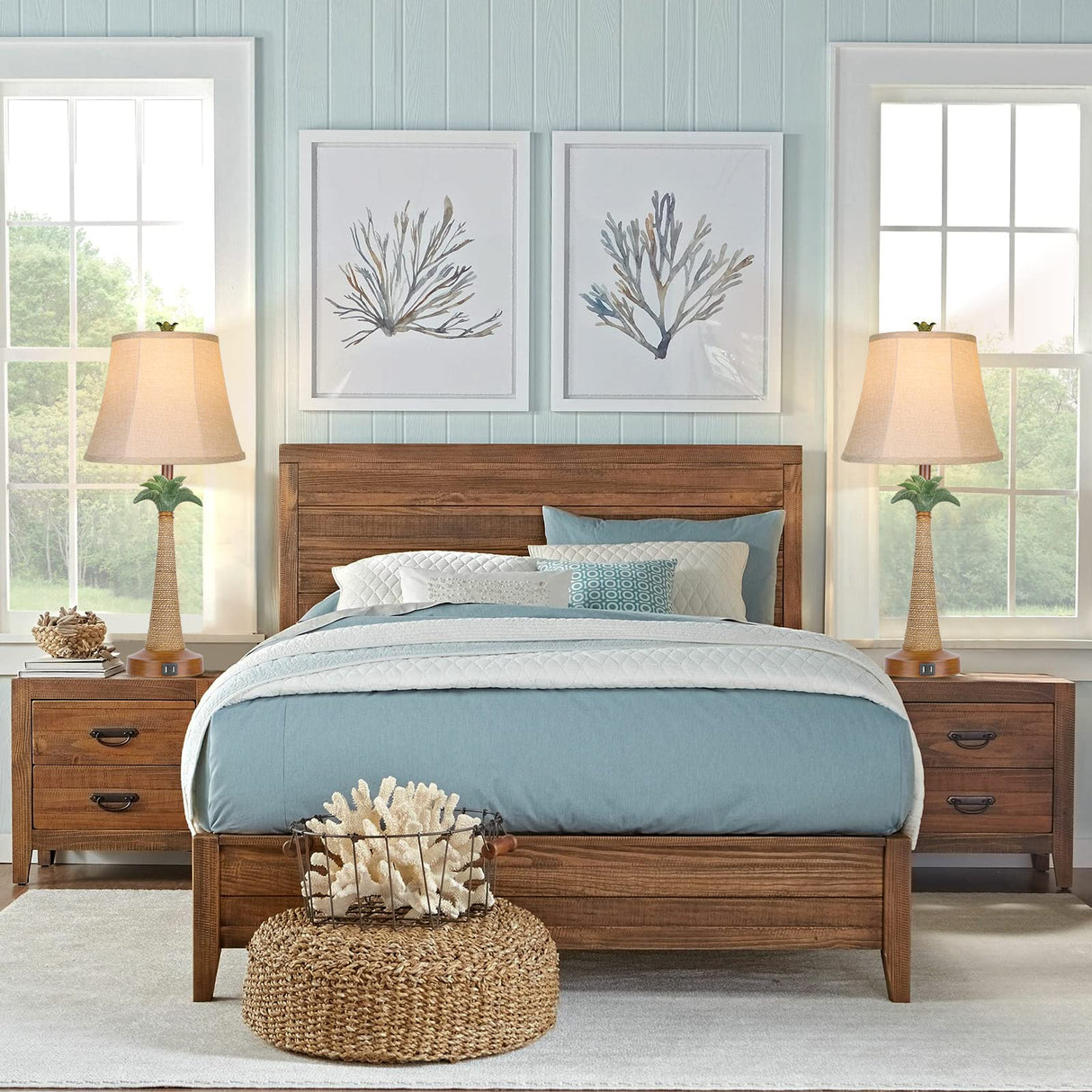 Set of 2 Coastal Palm Tree Table Lamps with 2 USB Ports